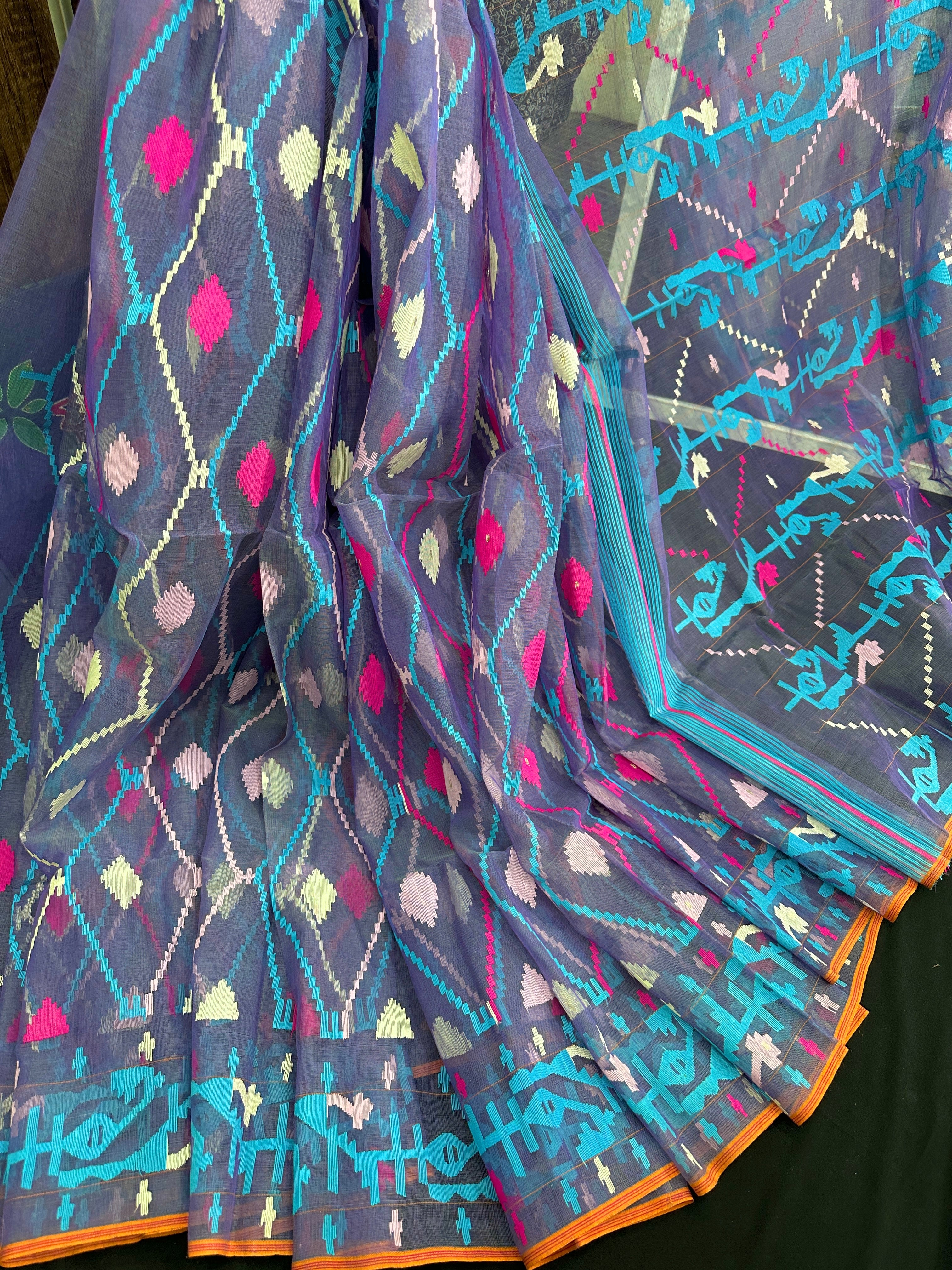 Dual toned purple halfsilk jamdani saree with white pink blue threads work