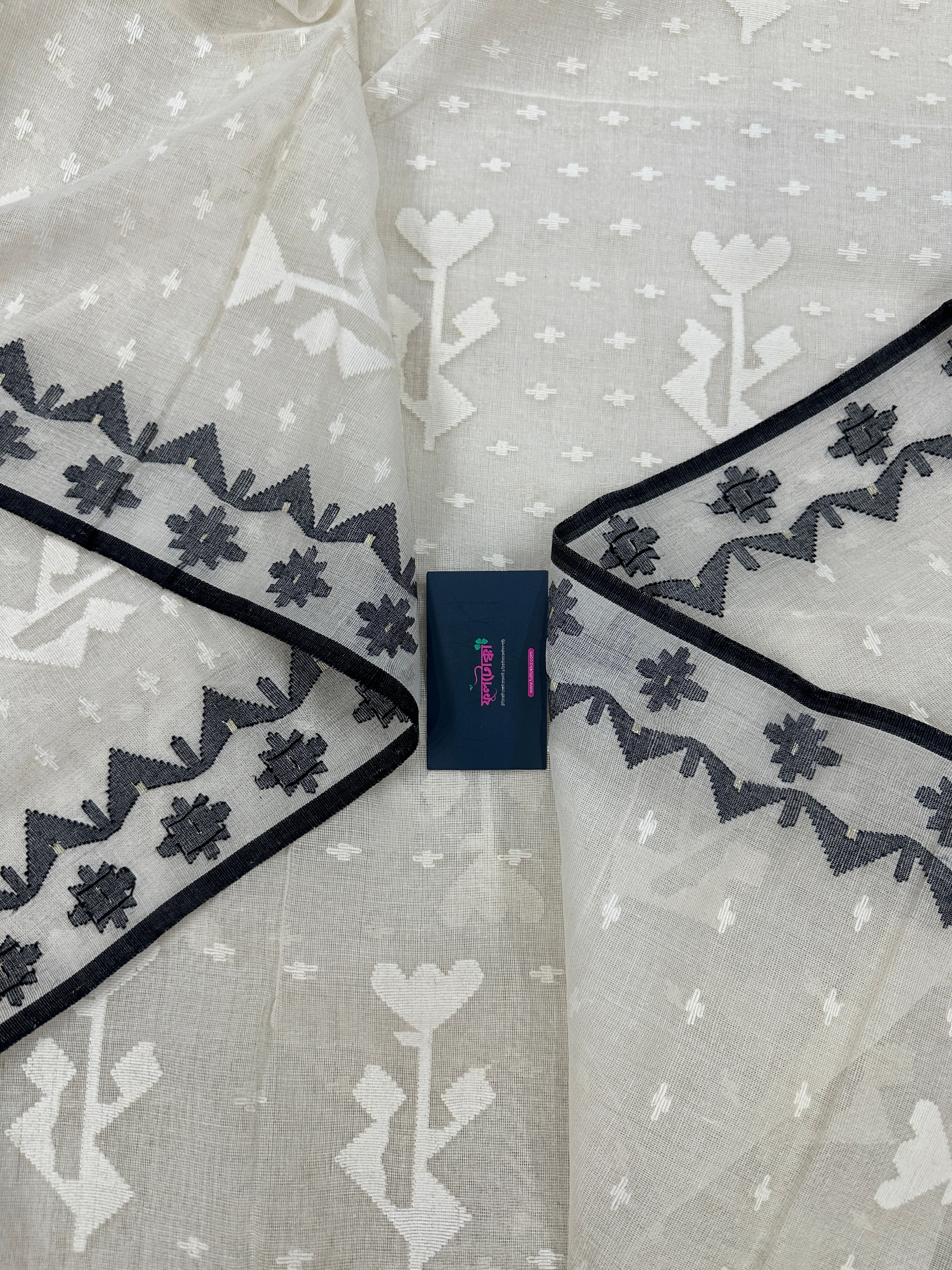 Black White Jamdani Saree With Black Threads & White Threads Work.