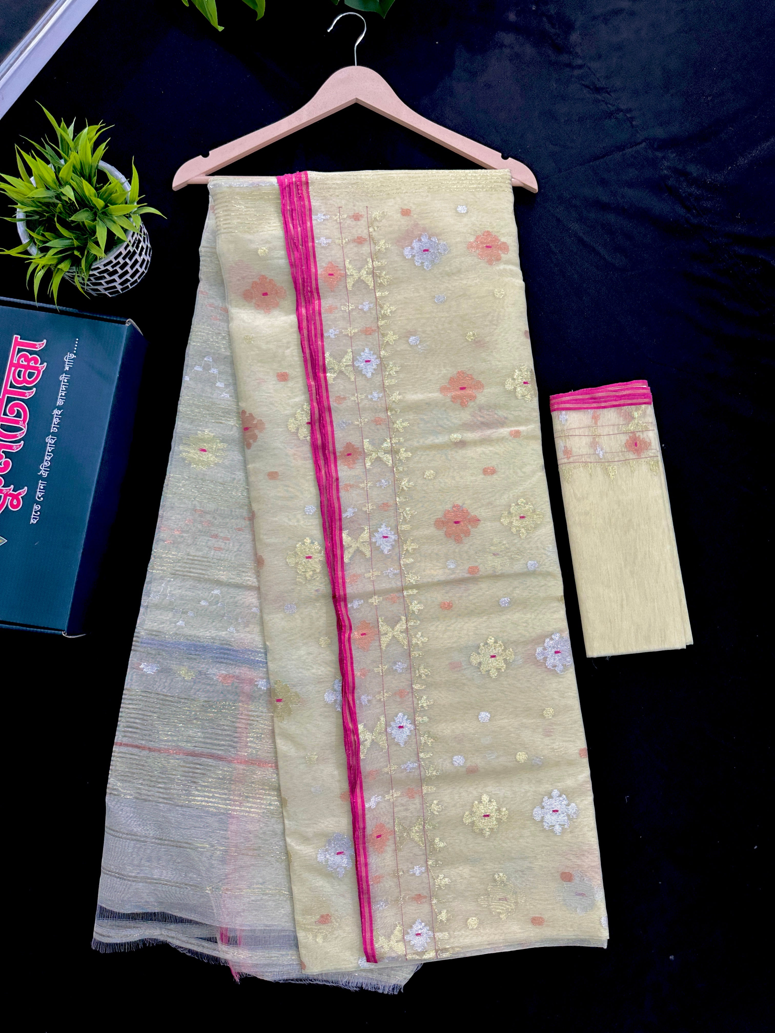 Pearl golden halfsilk jamdani saree with golden silver & copper jori work