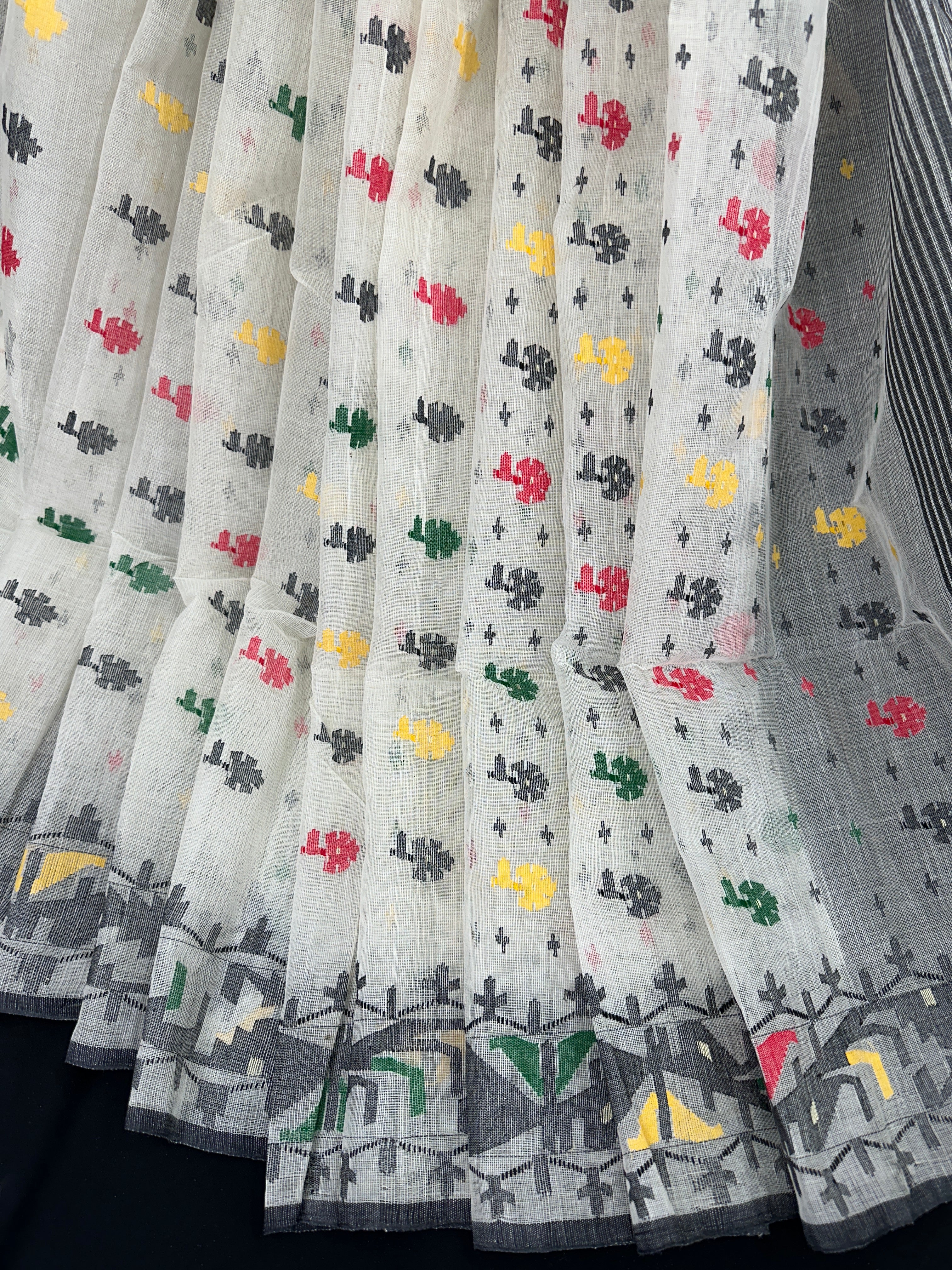 White cotton jamdani saree with multiple threads work