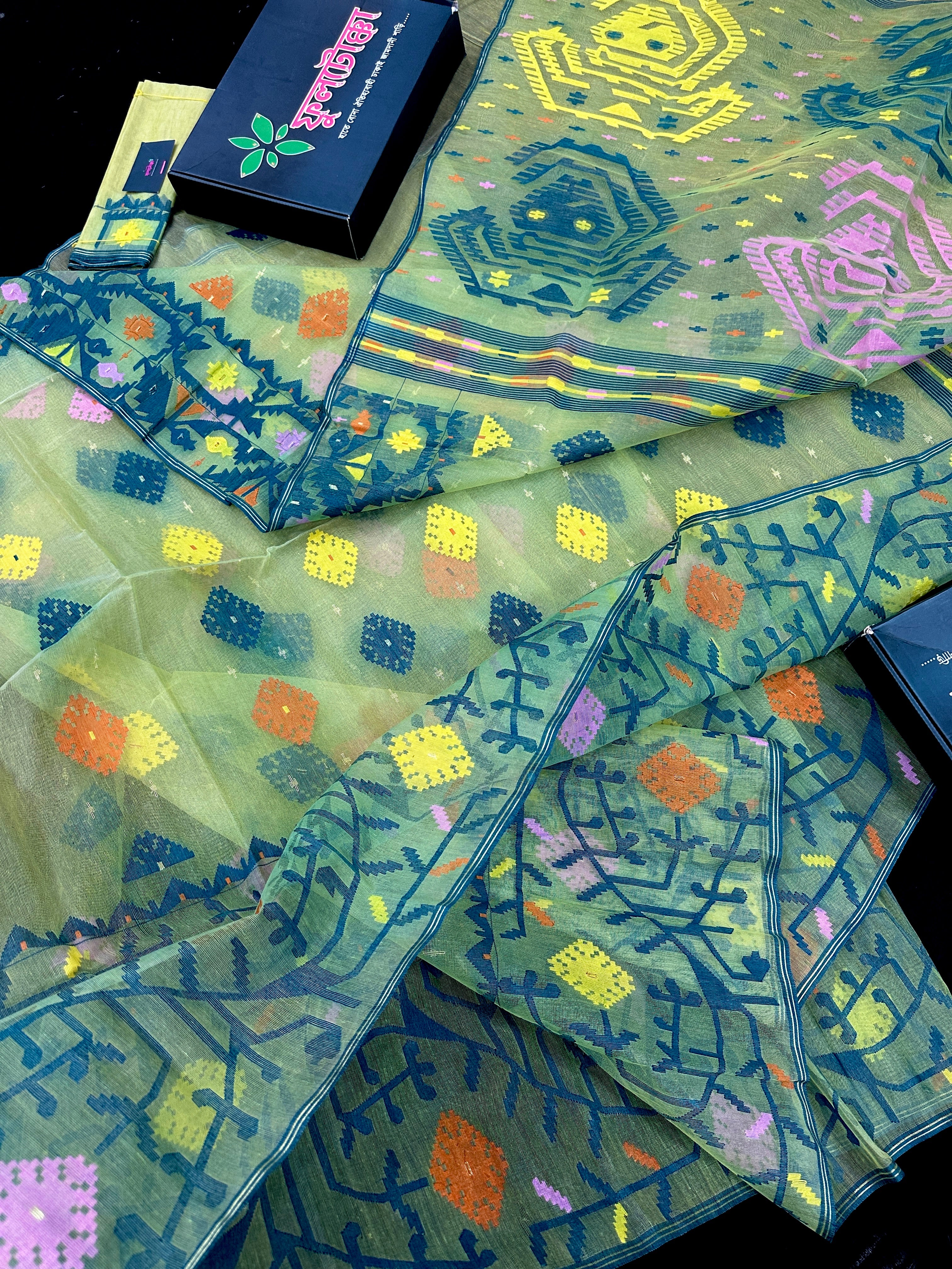 Yellow Exclusive dhakai jamdani saree with all over multi colour threads & flower work soft count.