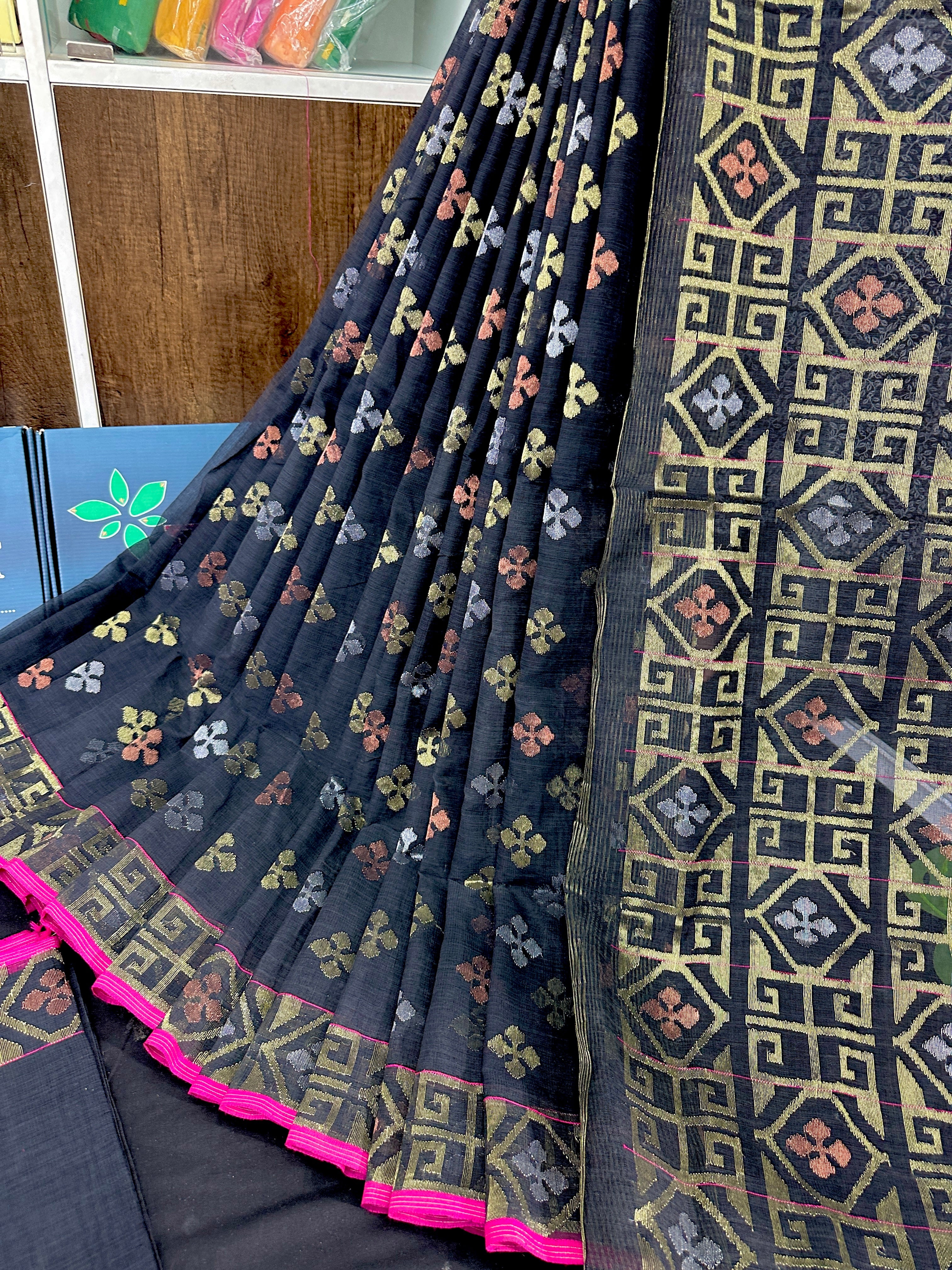Black jamdani saree with golden silver and copper jori work and pink border