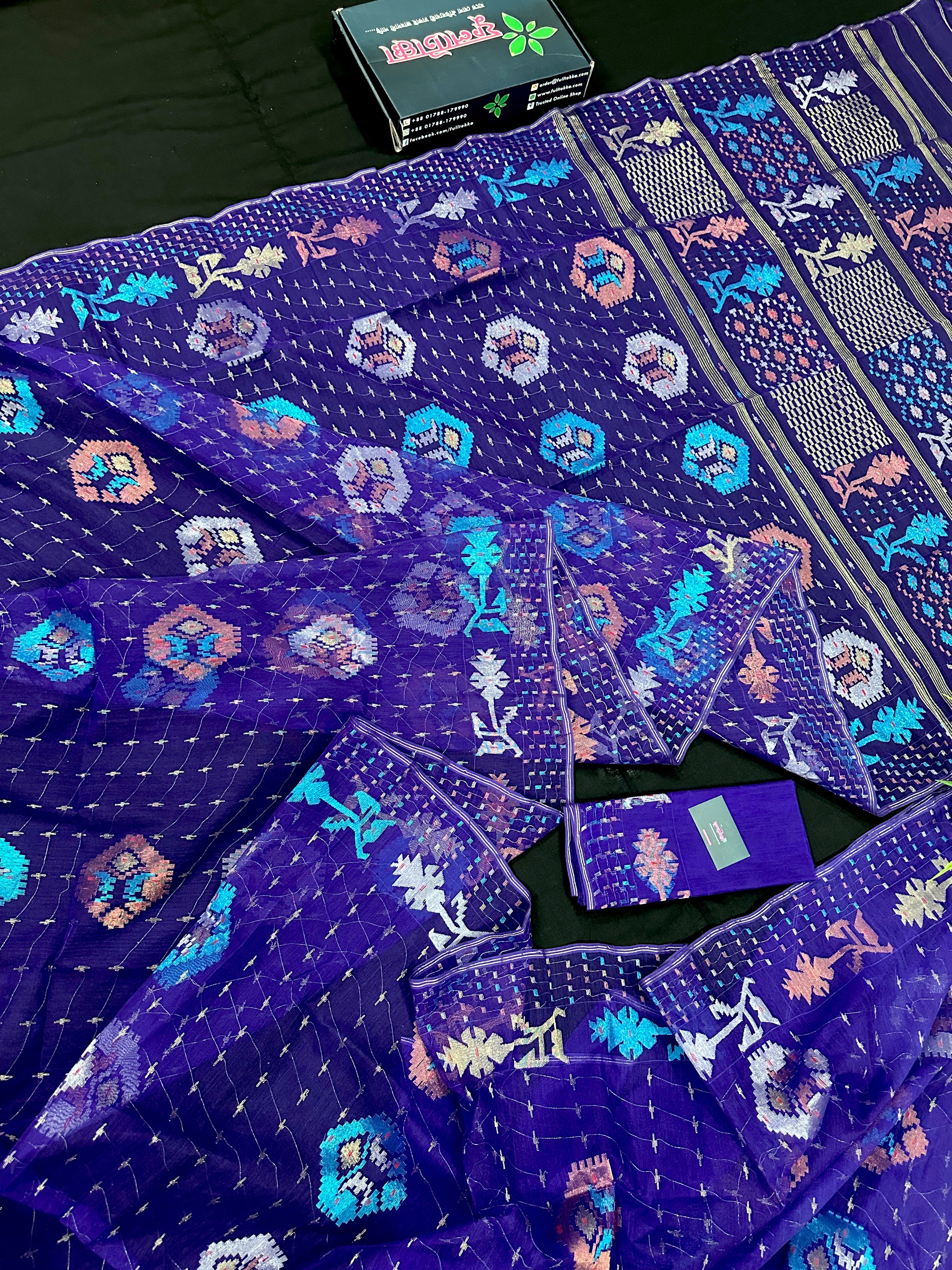 Dual Toned Purple Jamdani Saree With Golden Silver & Copper Jori Work.