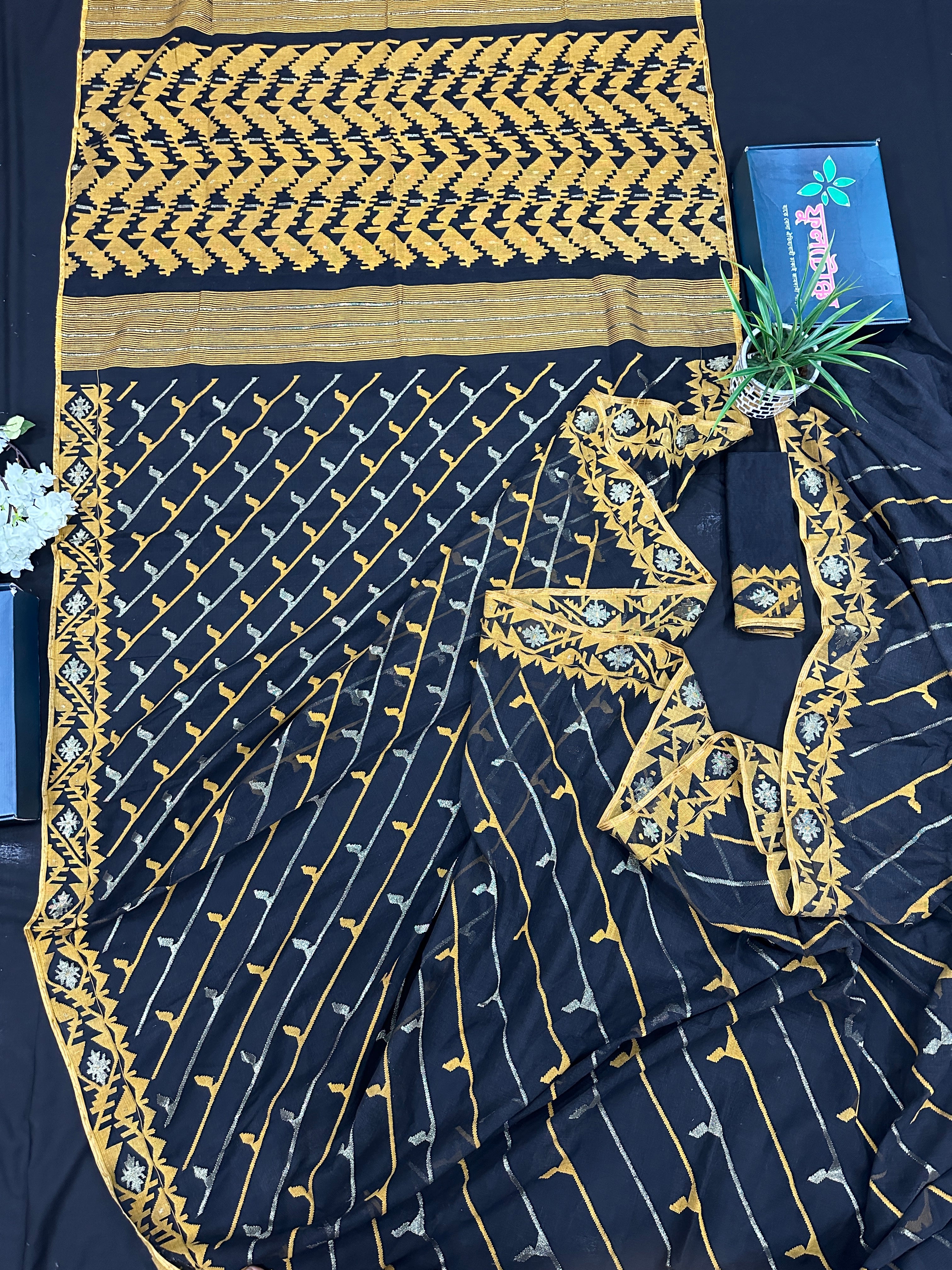 Black cotton jamdani saree with yellow threads work and Silver jori work & blouse piece.