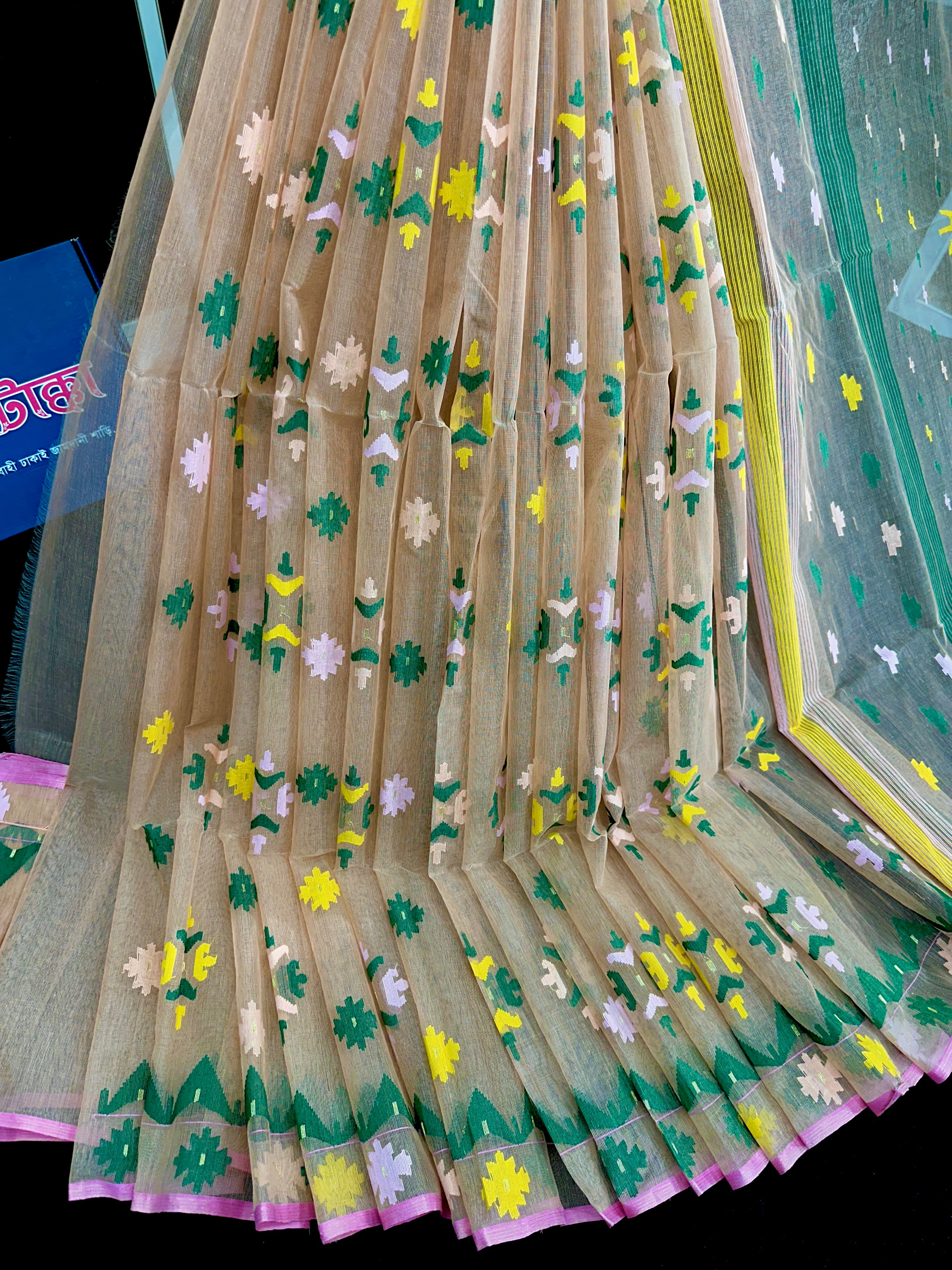 Banggi colour halfsilk jamdani saree with green yellow pink threads work