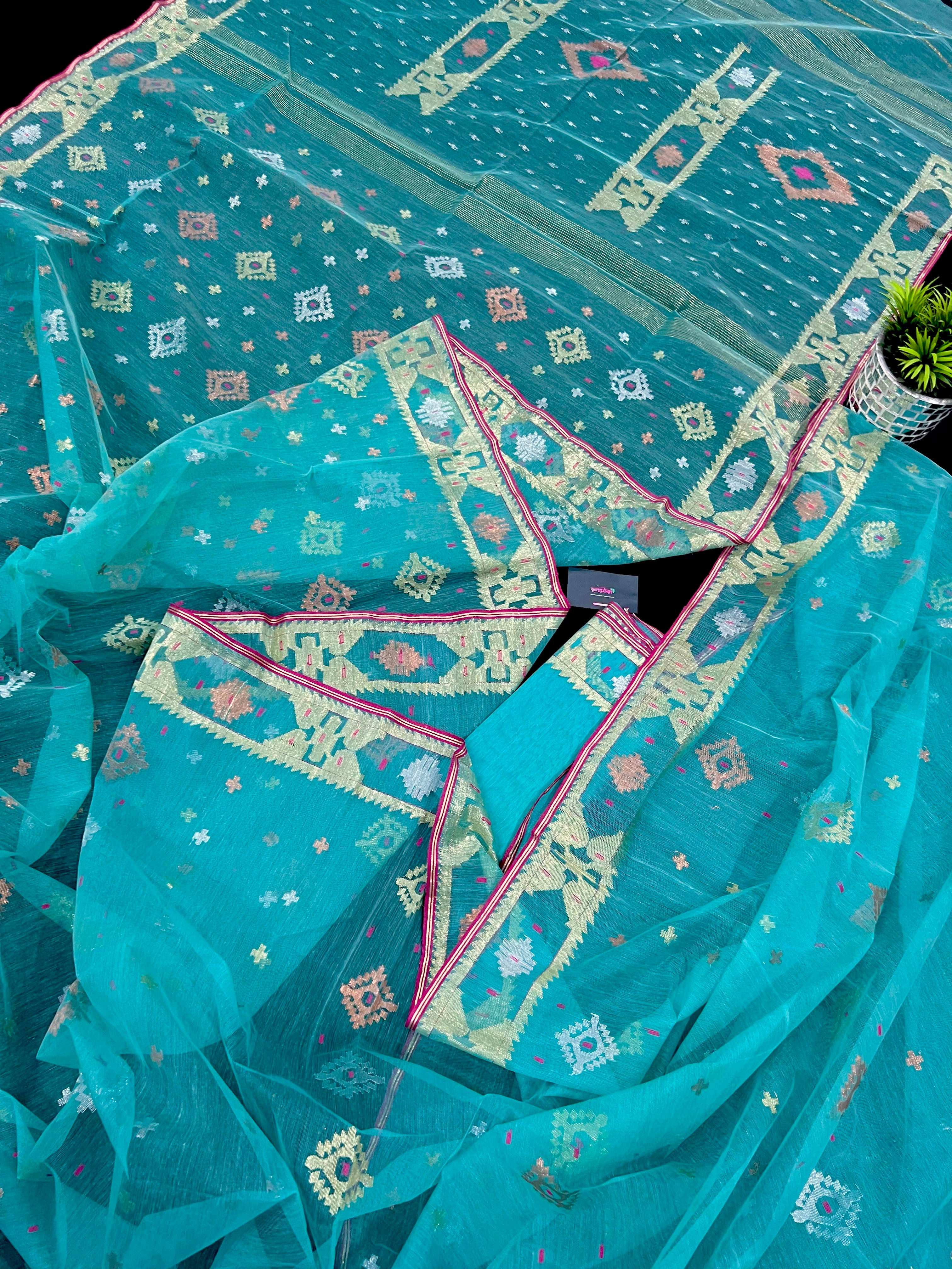 Sky blue halfsilk jamdani saree with golden silver & copper jori work.