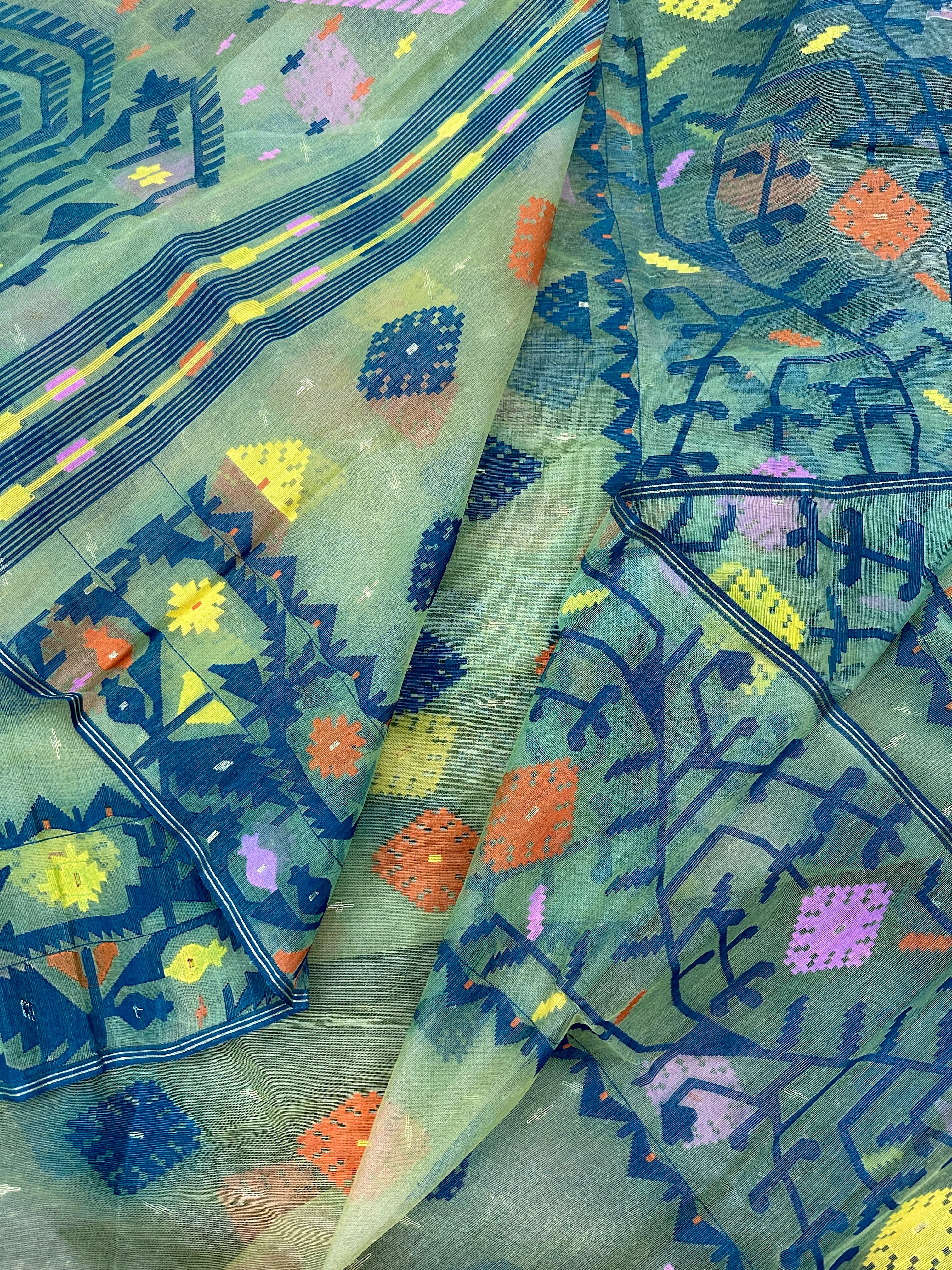 Yellow Exclusive dhakai jamdani saree with all over multi colour threads & flower work soft count.