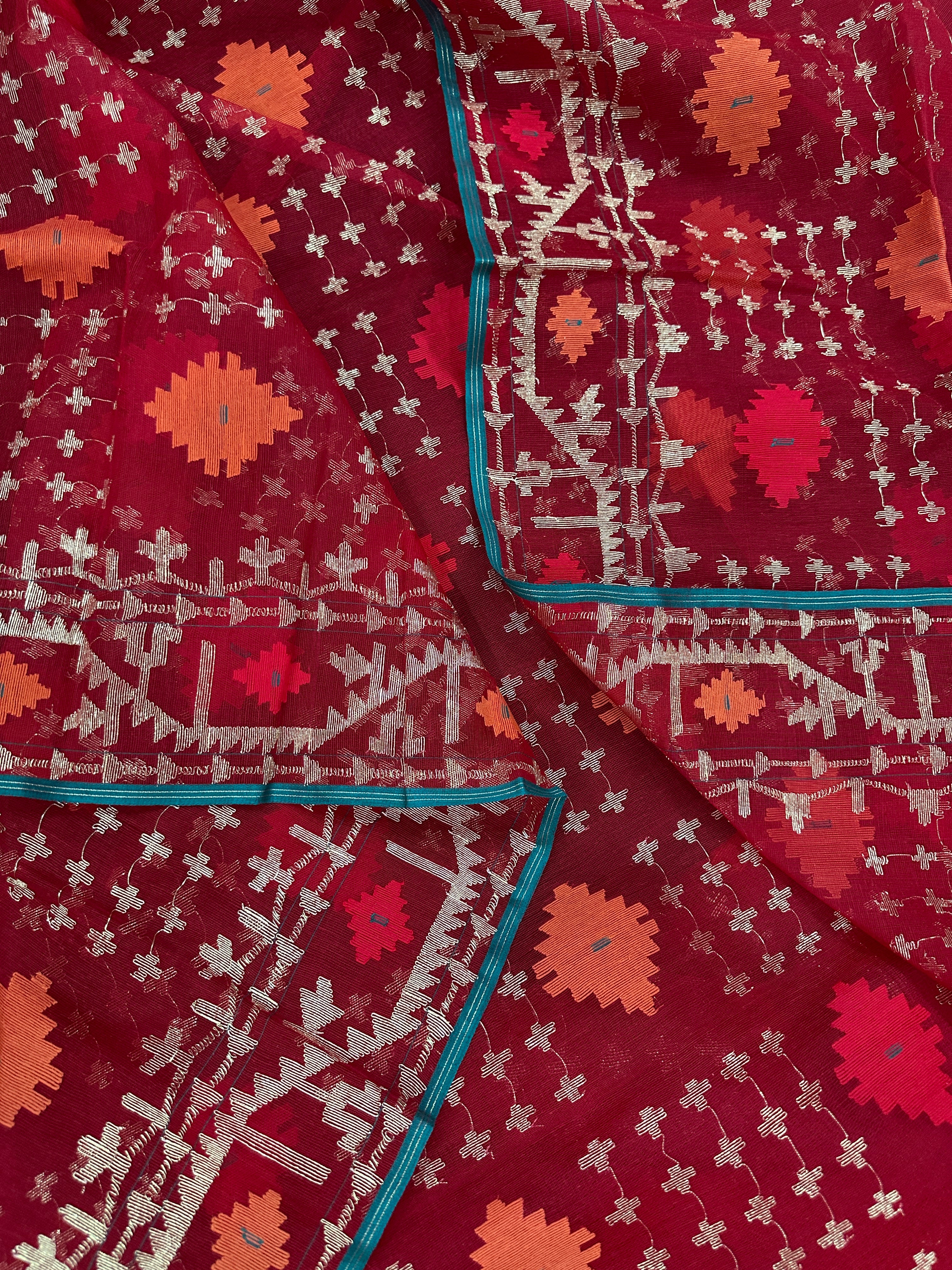 Bridal Red Halfsilk Jamdani Saree With Golden Jori Work & Red Threads work.