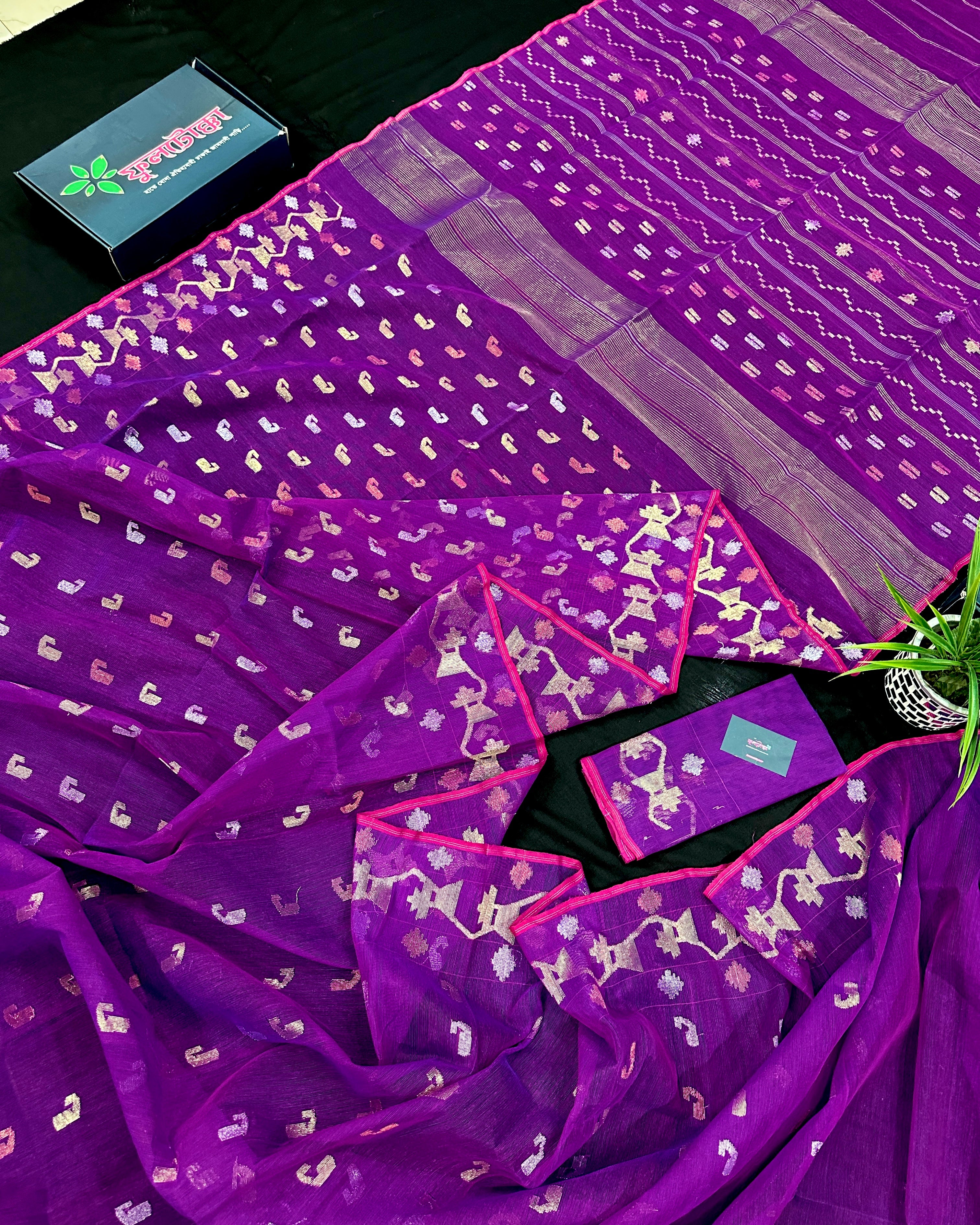 Purple dual toned jamdani saree with golden silver and copper jori work.