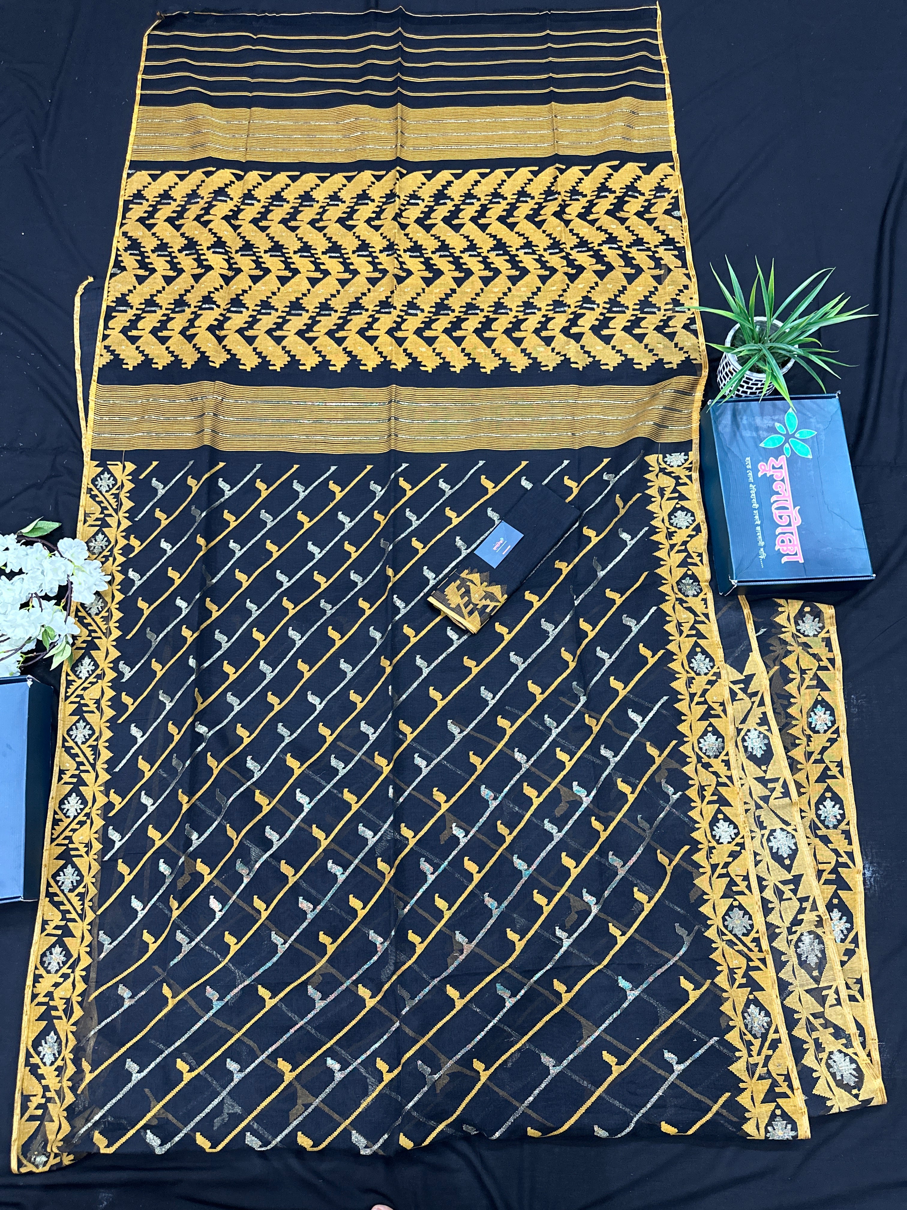 Black cotton jamdani saree with yellow threads work and Silver jori work & blouse piece.