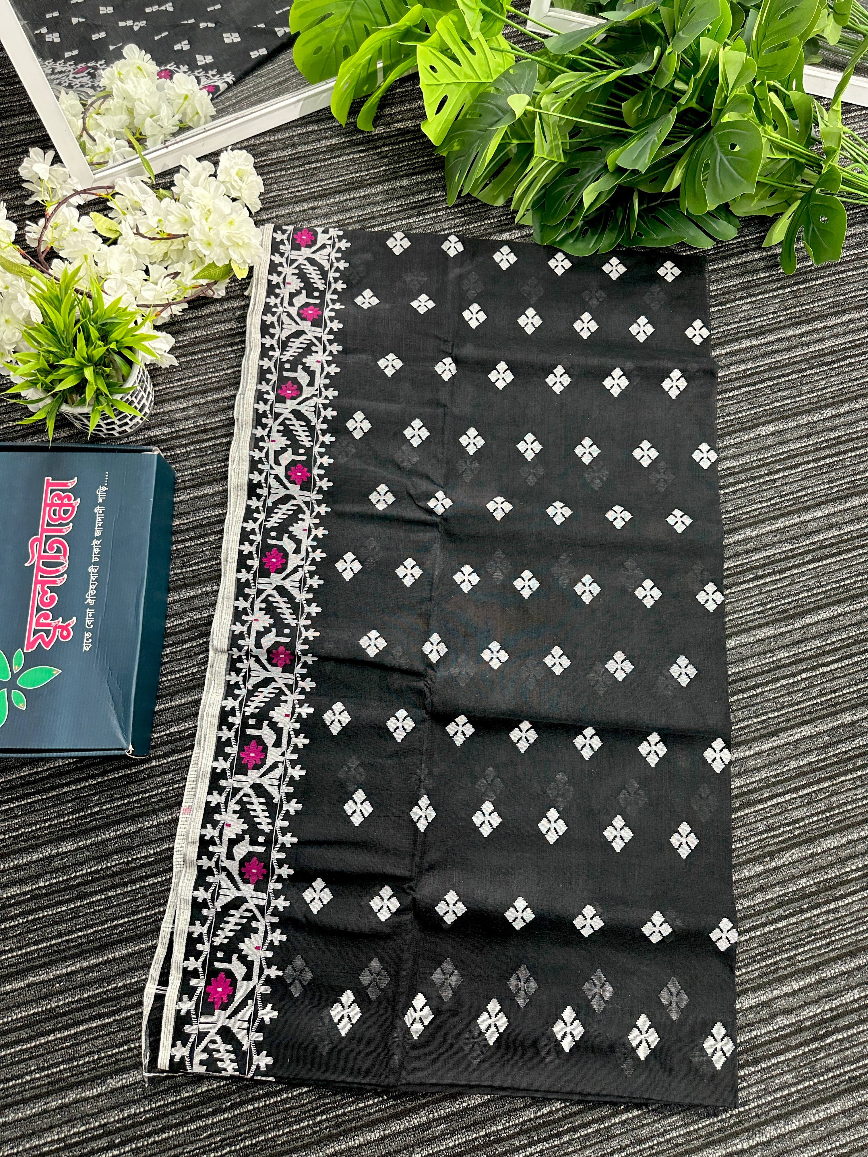 Black cotton jamdani saree with white threads and pink meena work