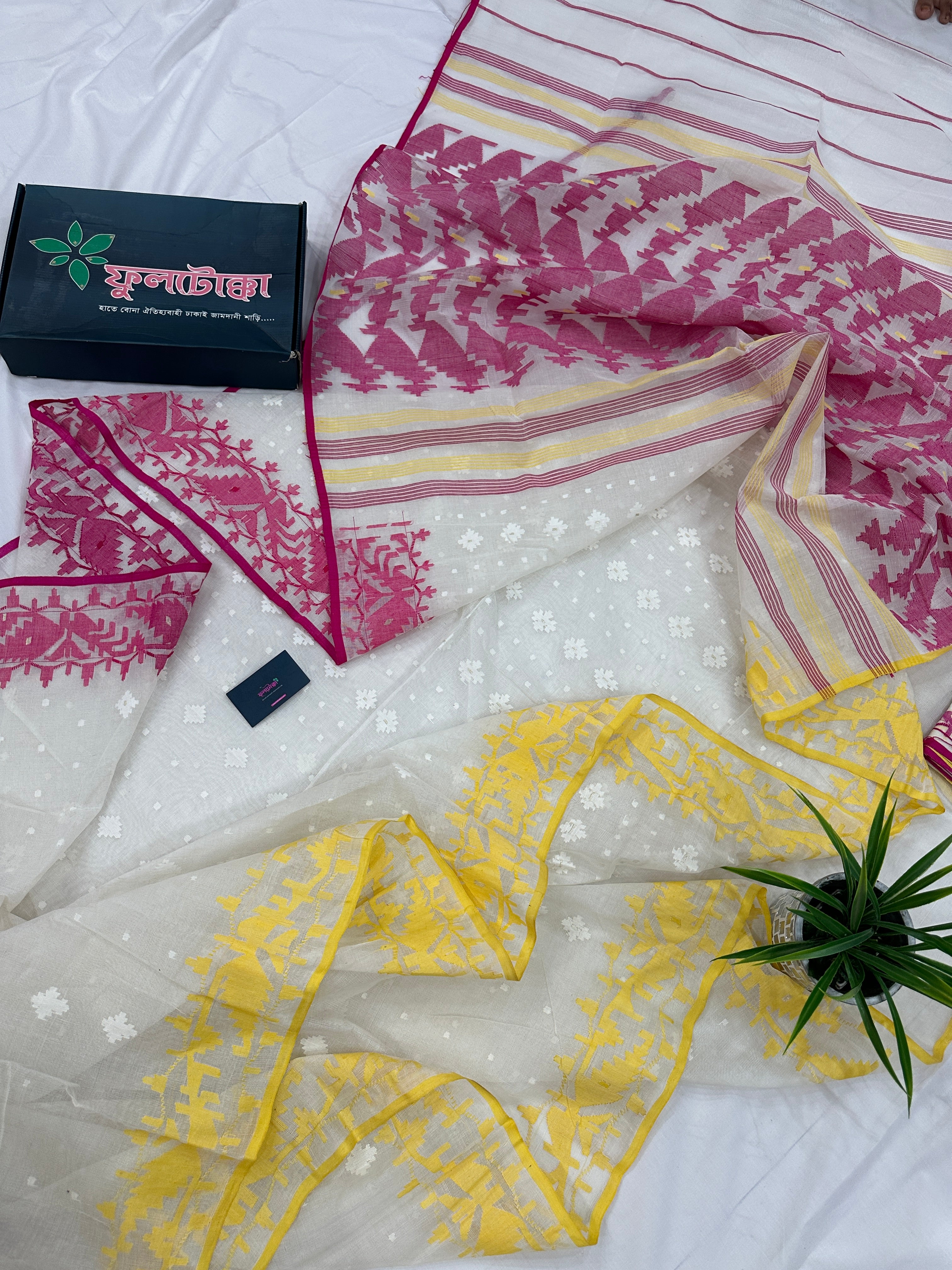 White cotton gonga jamuna design jamdani saree with pink & yellow threads work.