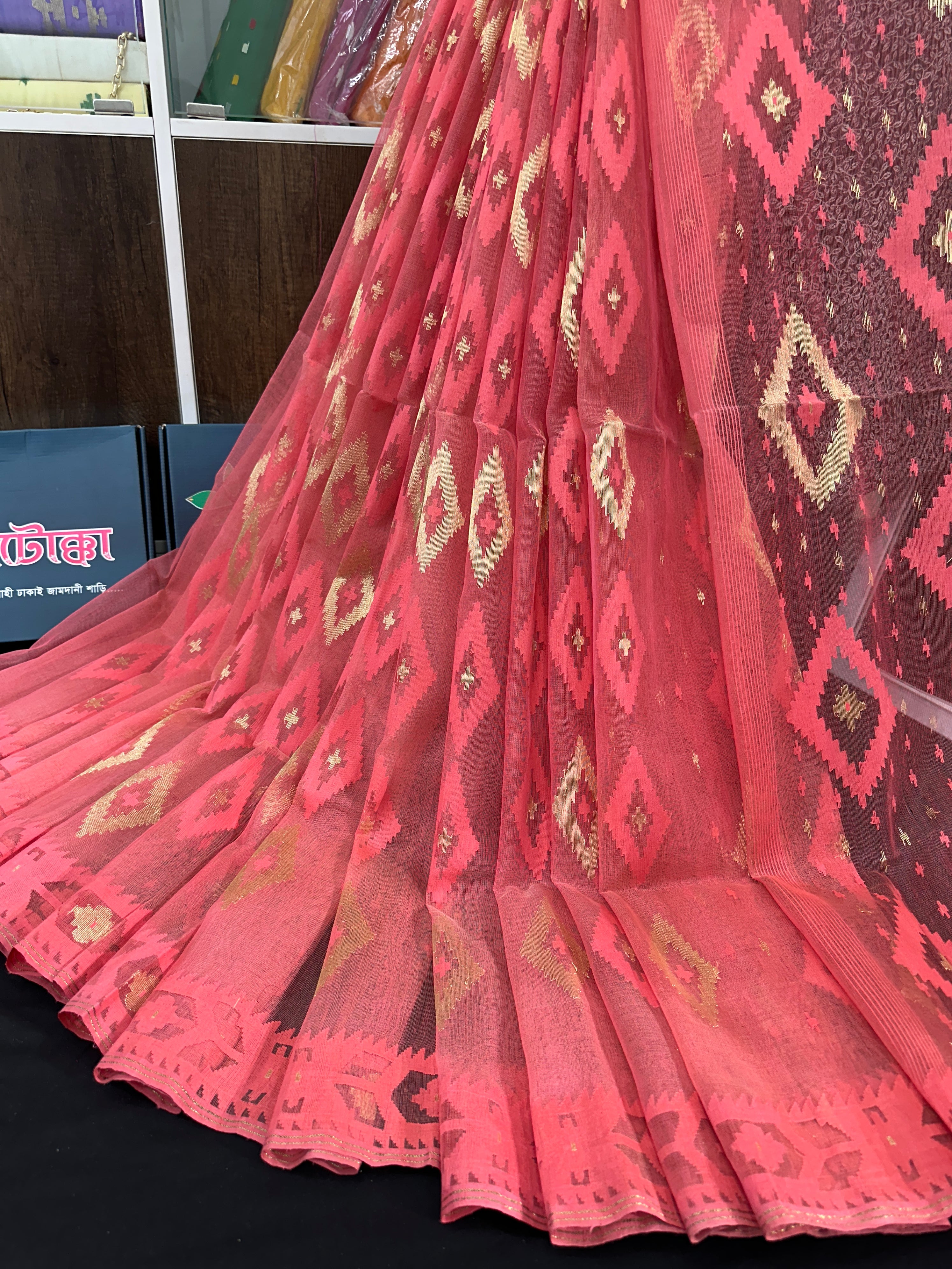 Georgia peach halfsilk jamdani saree with self threads work and golden jori work