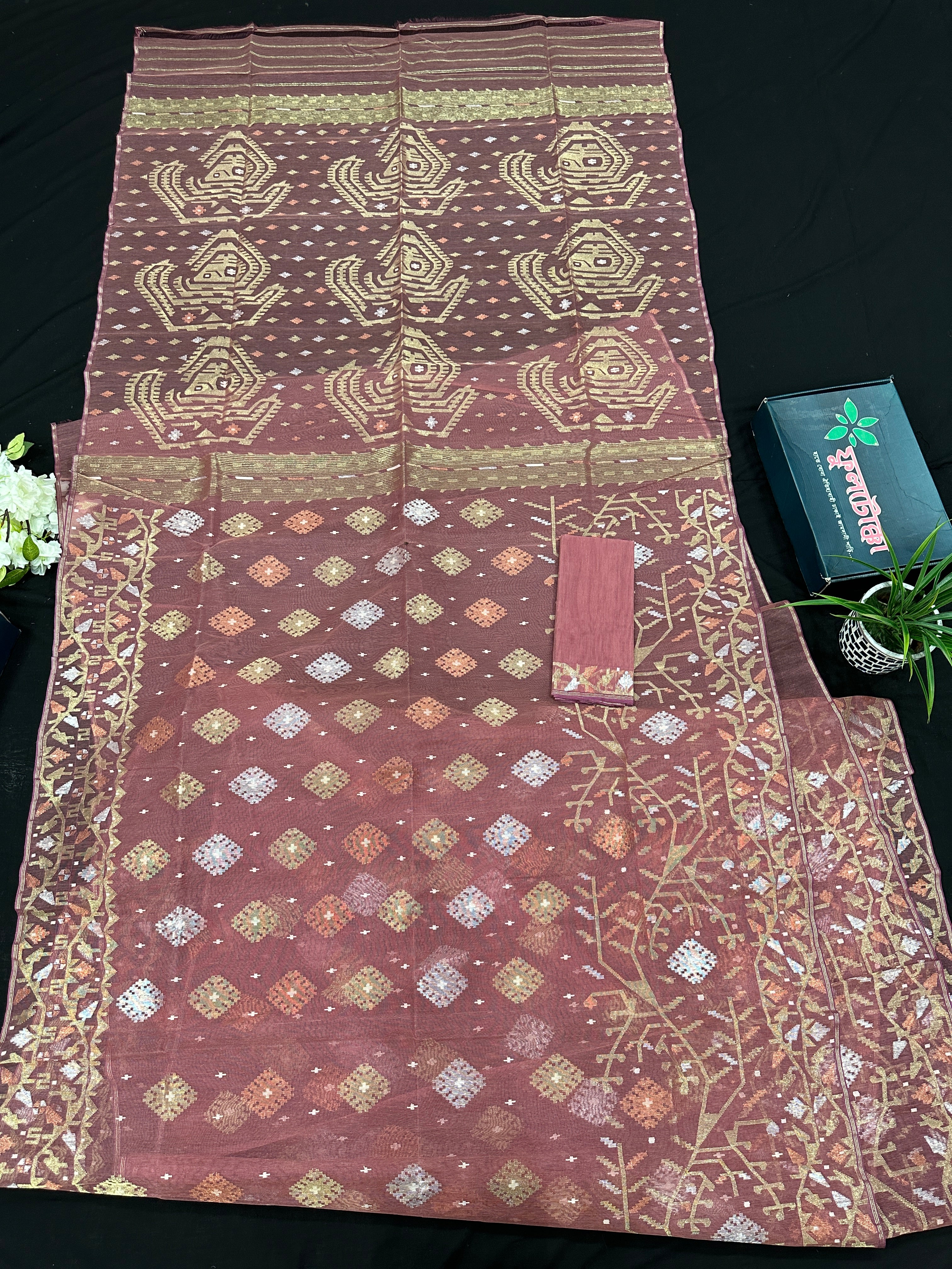 Nude Onion Exclusive Dhakai Jamdani saree with golden silver & copper jori work.