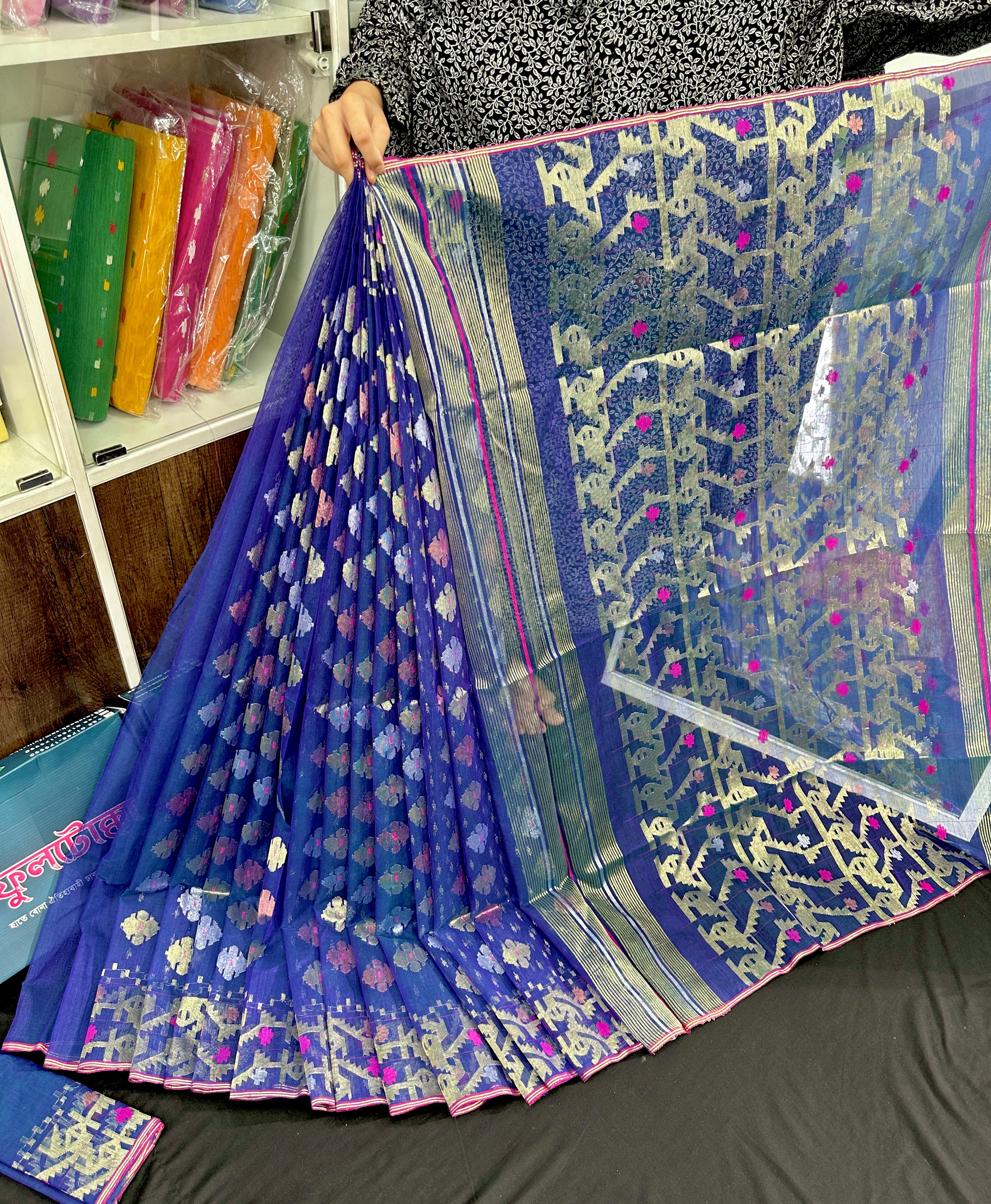 Blue halfsilk jamdani saree with golden silver & copper jori work