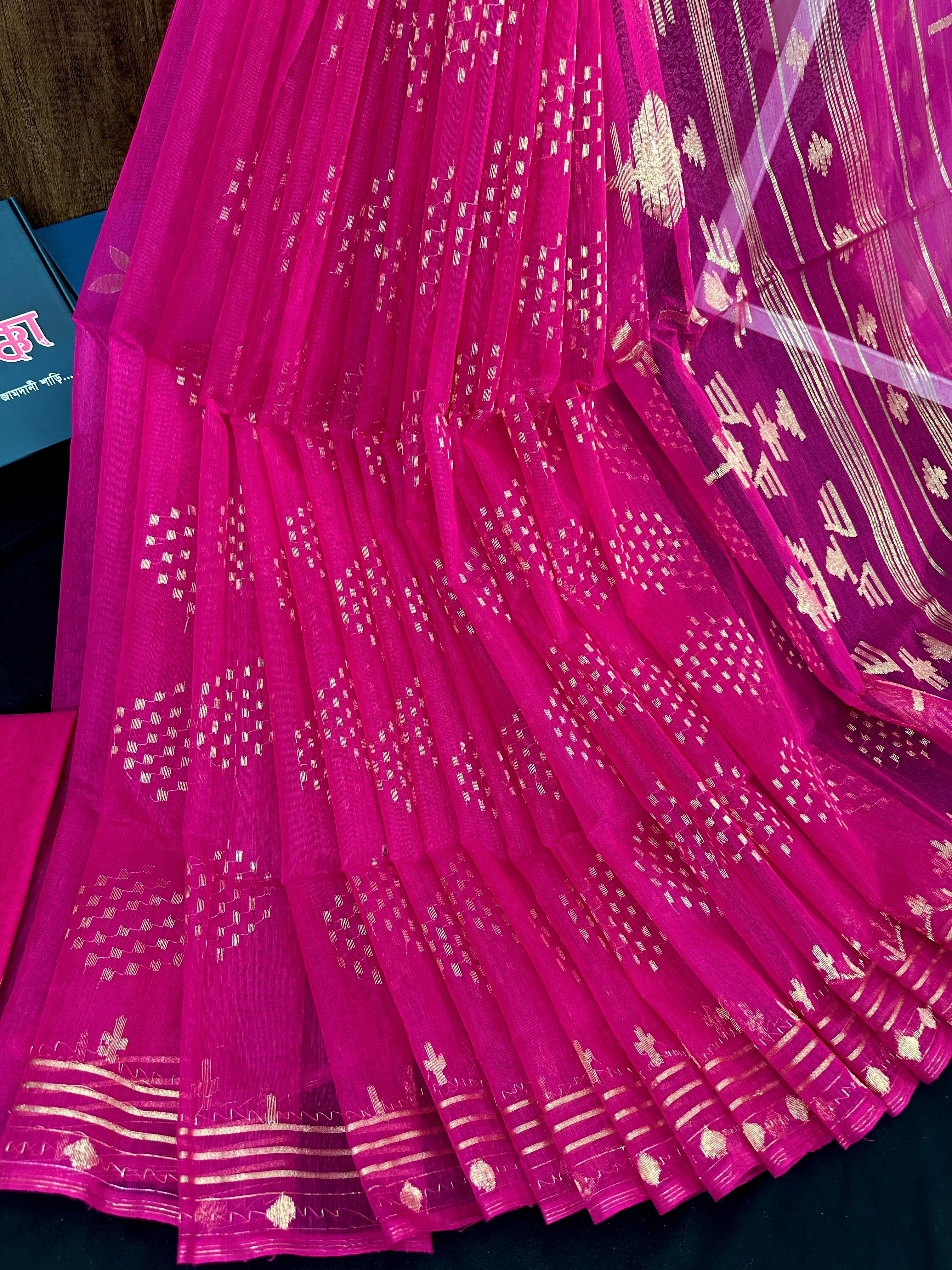 Magenta halfsilk jamdani saree with golden jori work