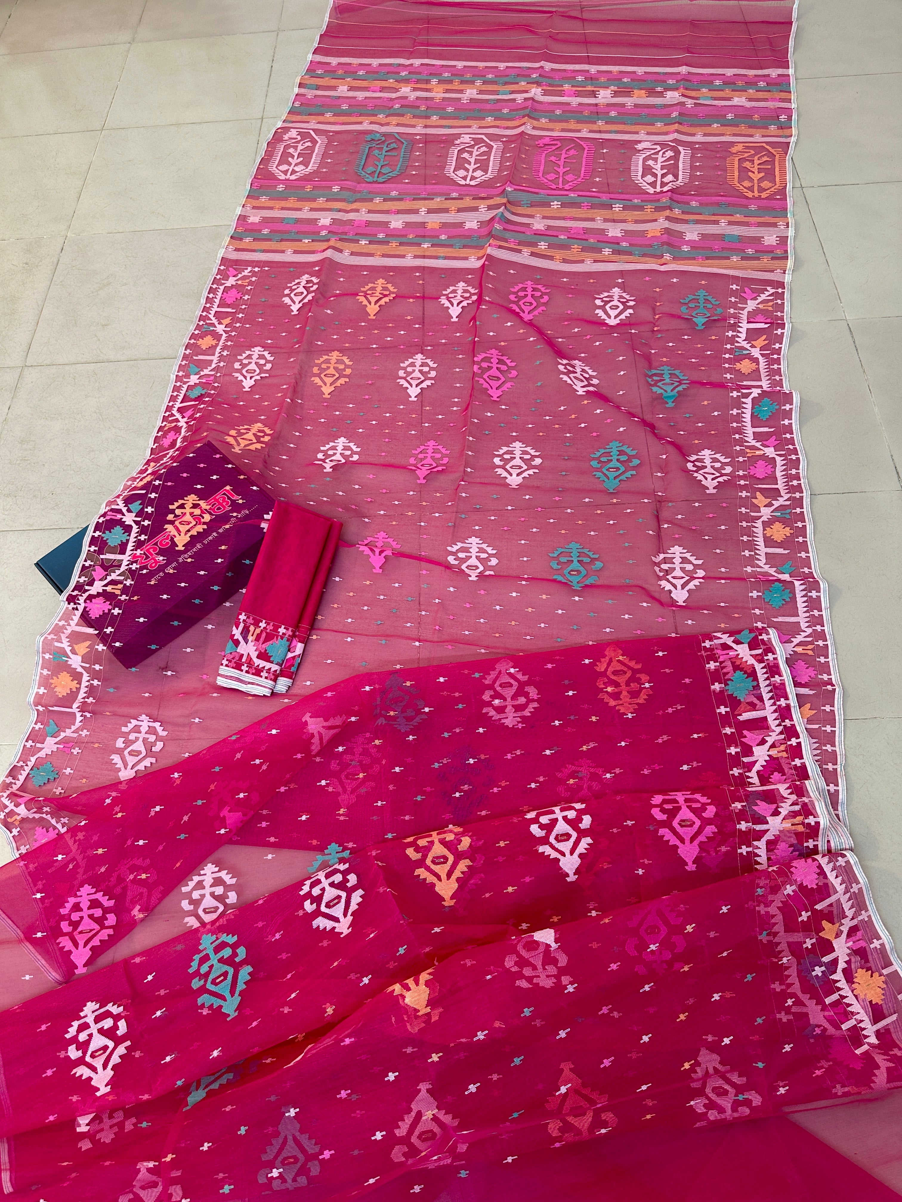Pink colour unique Jamdani fabric features a stunning design...