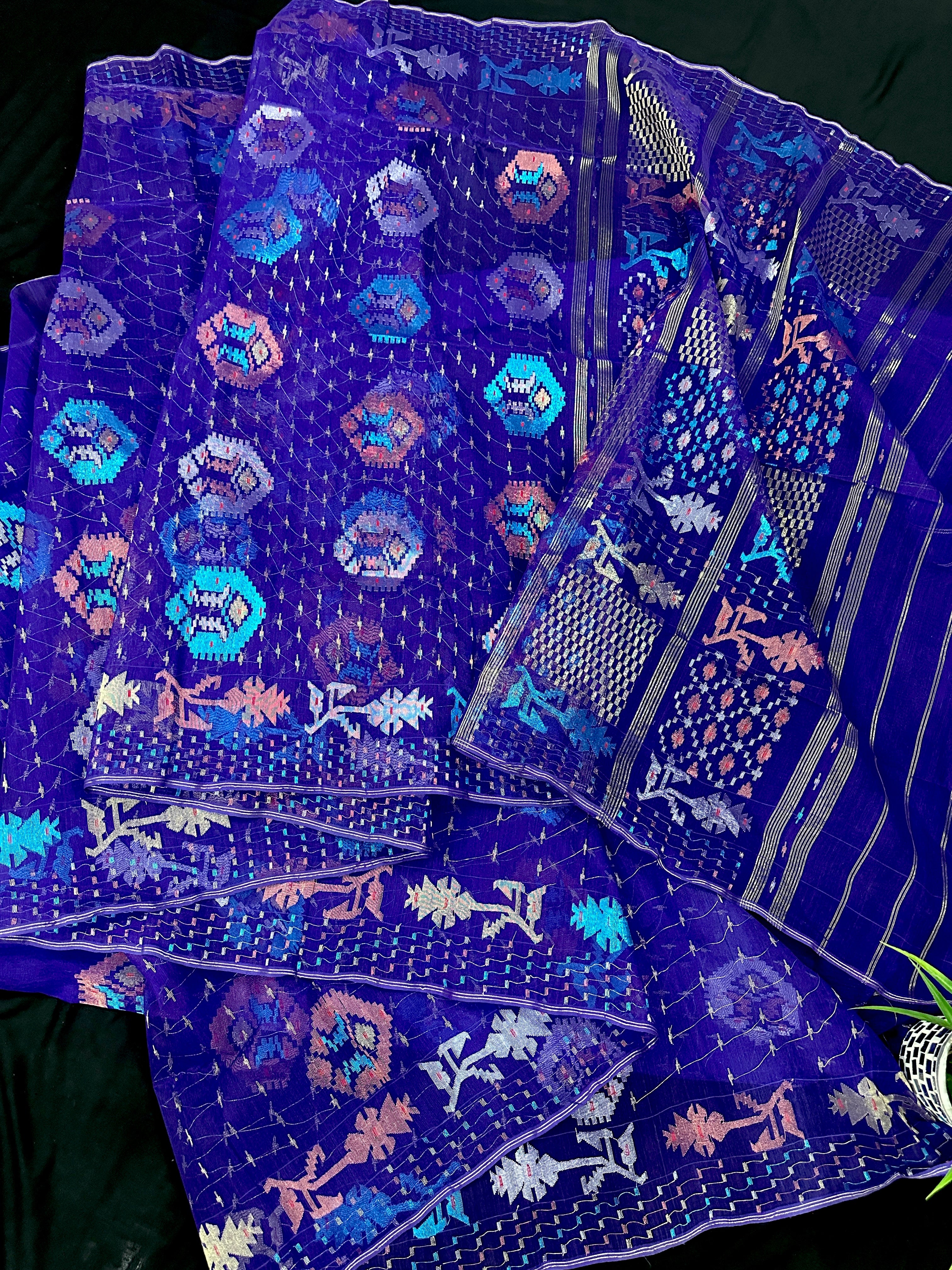 Dual Toned Purple Jamdani Saree With Golden Silver & Copper Jori Work.