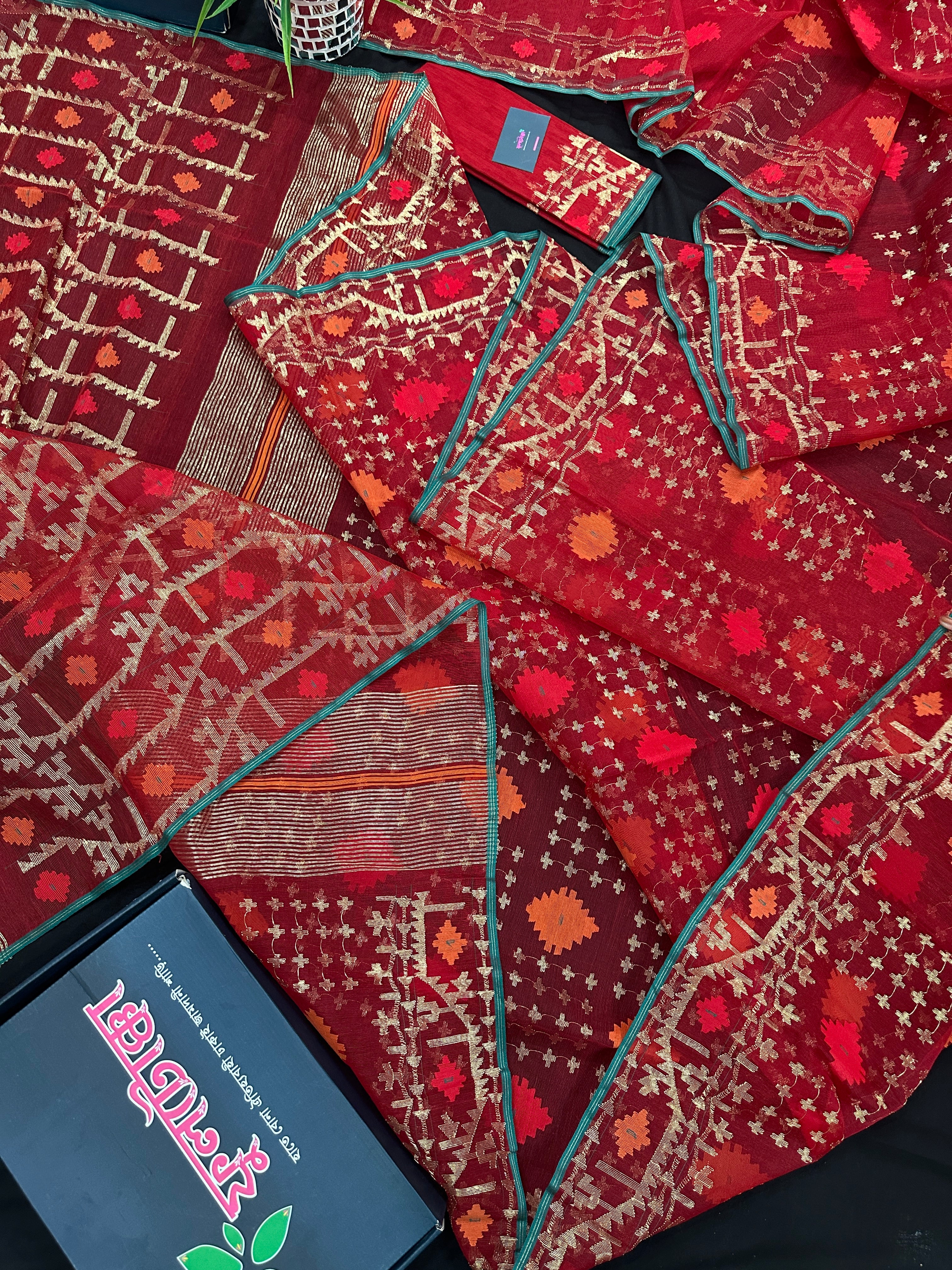 Bridal Red Halfsilk Jamdani Saree With Golden Jori Work & Red Threads work.