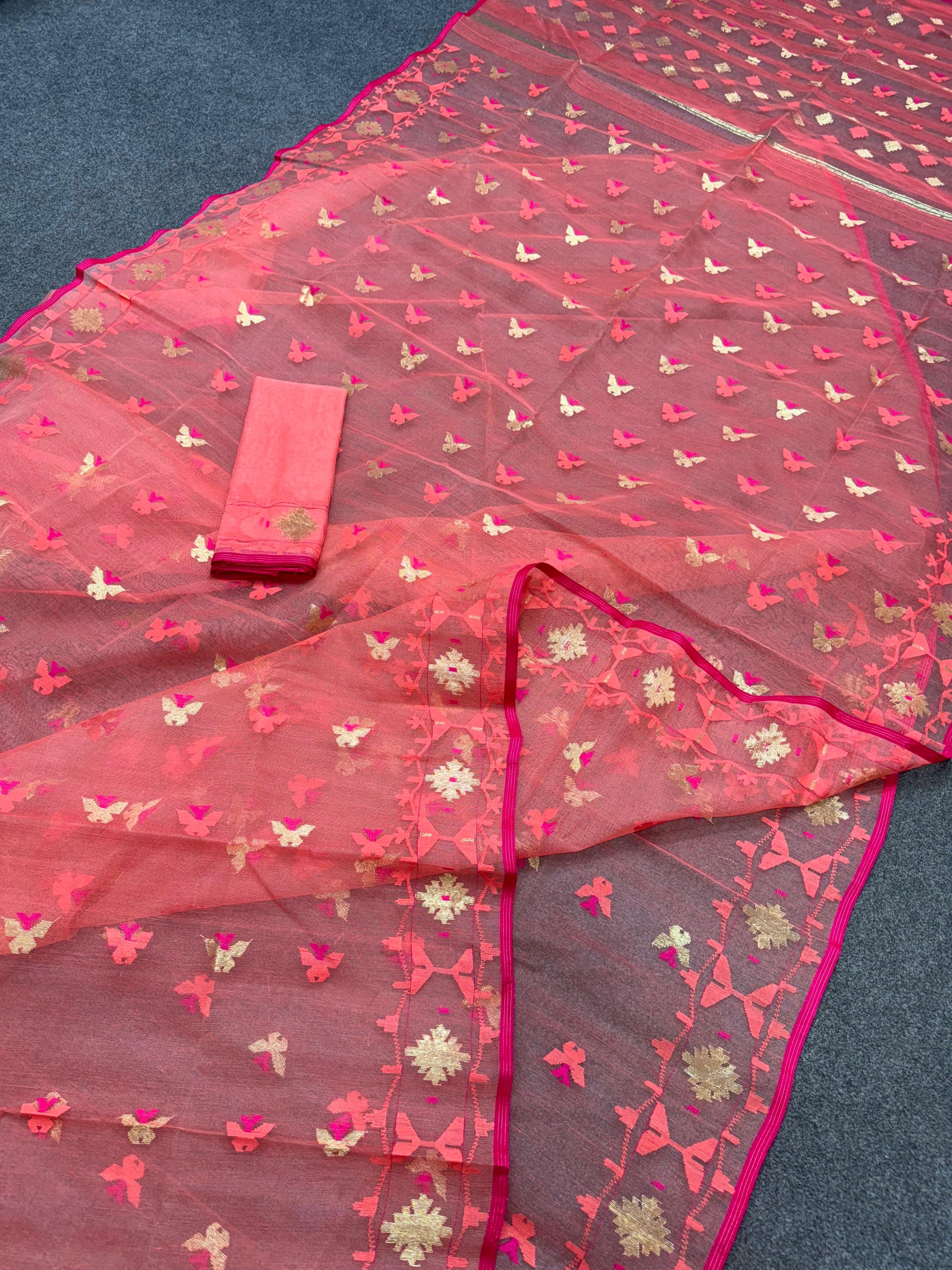Peace colour Handloom Dhakai Jamdani Saree With Golden Jori Work And Pink Threads Work