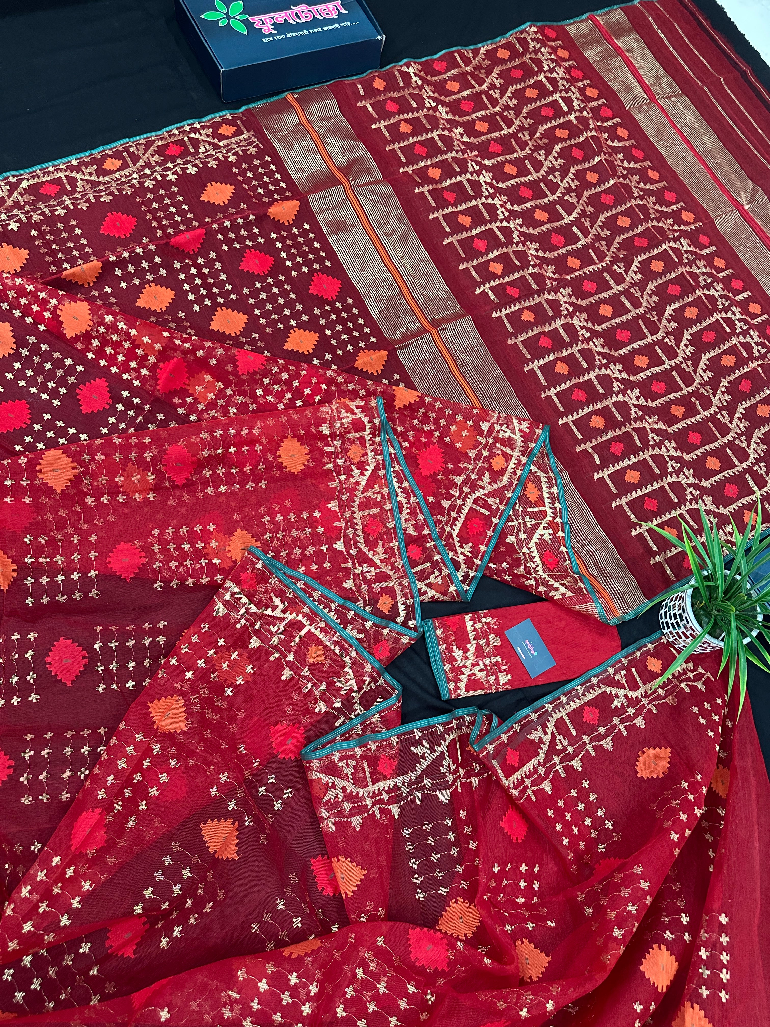 Bridal Red Halfsilk Jamdani Saree With Golden Jori Work & Red Threads work.