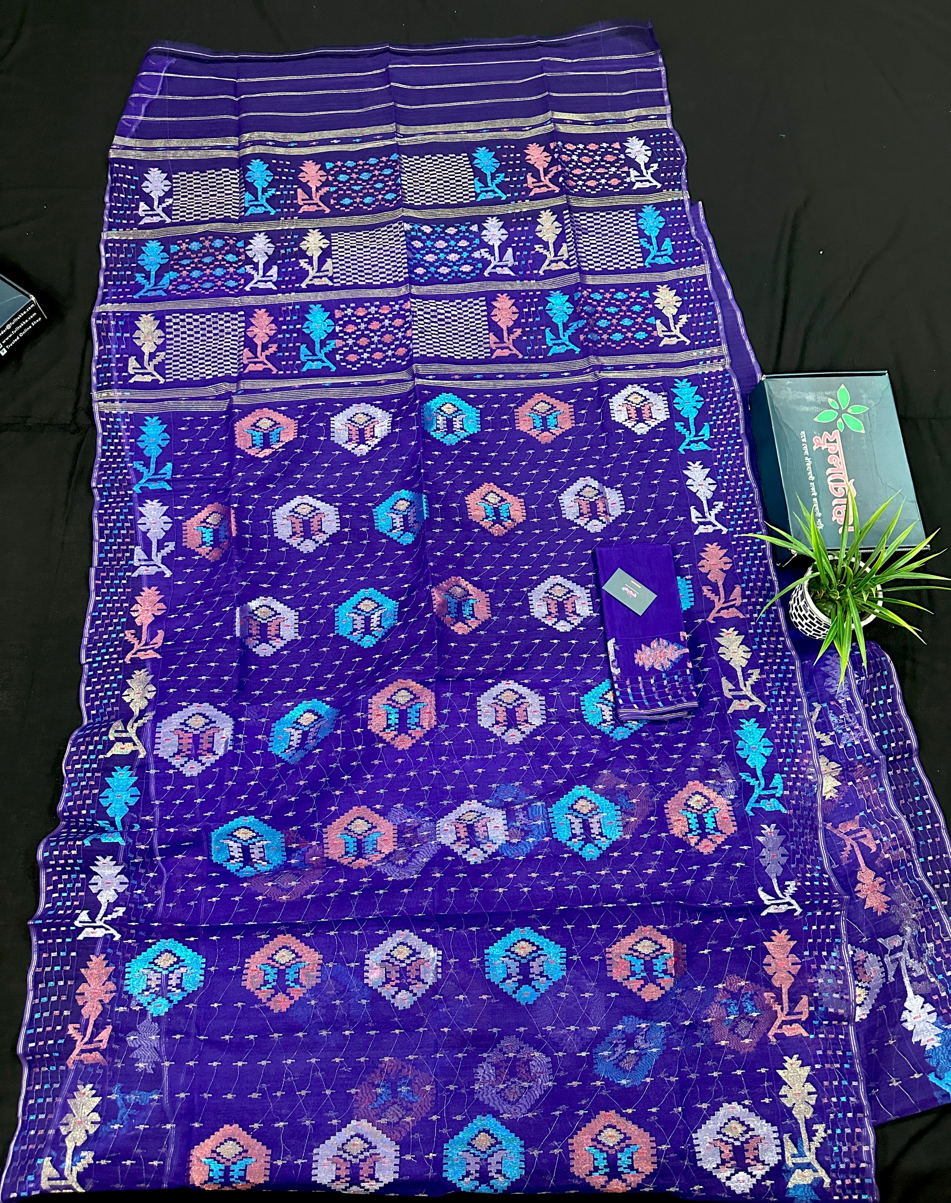 Dual Toned Purple Jamdani Saree With Golden Silver & Copper Jori Work.