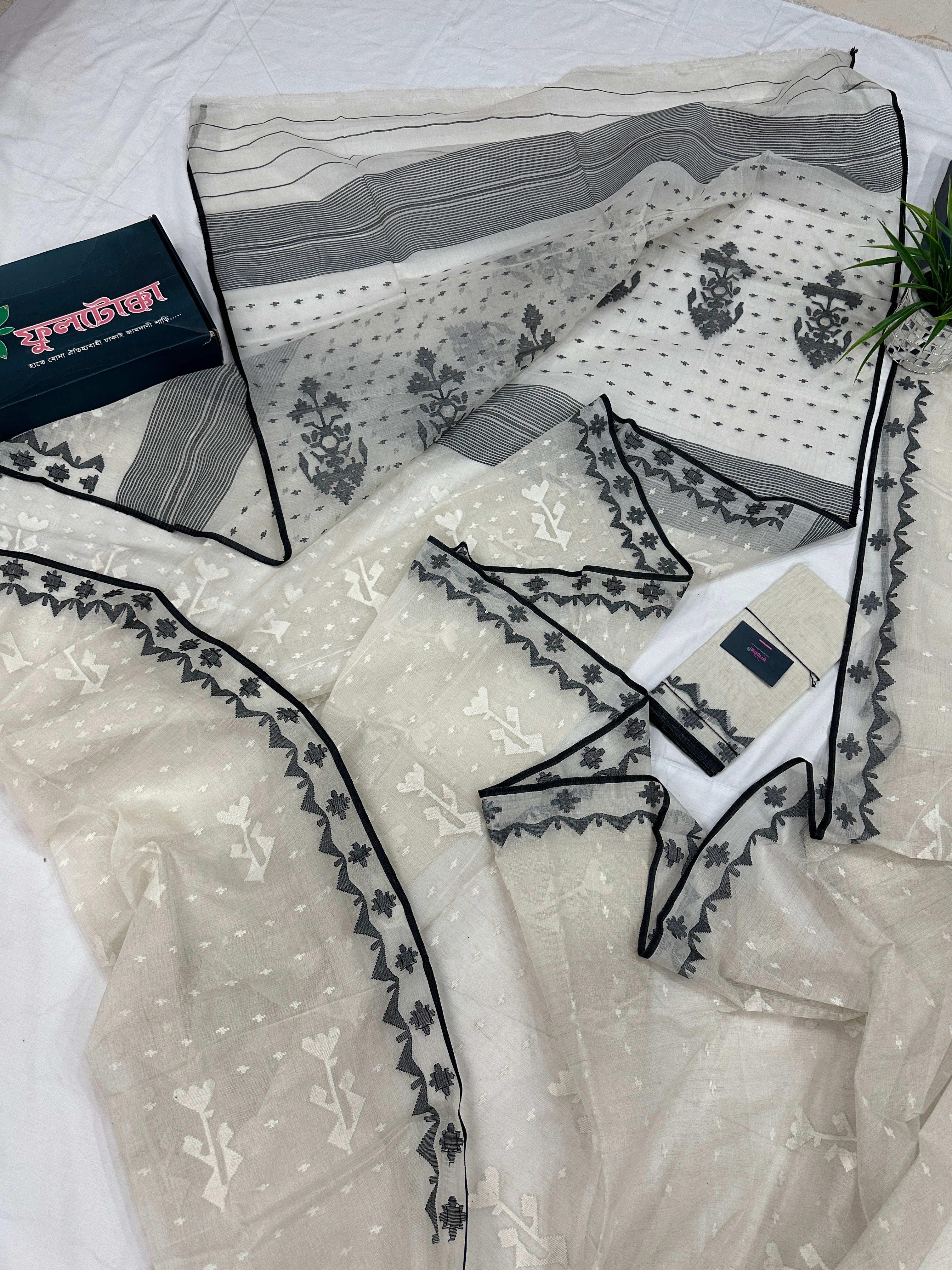 Black White Jamdani Saree With Black Threads & White Threads Work.