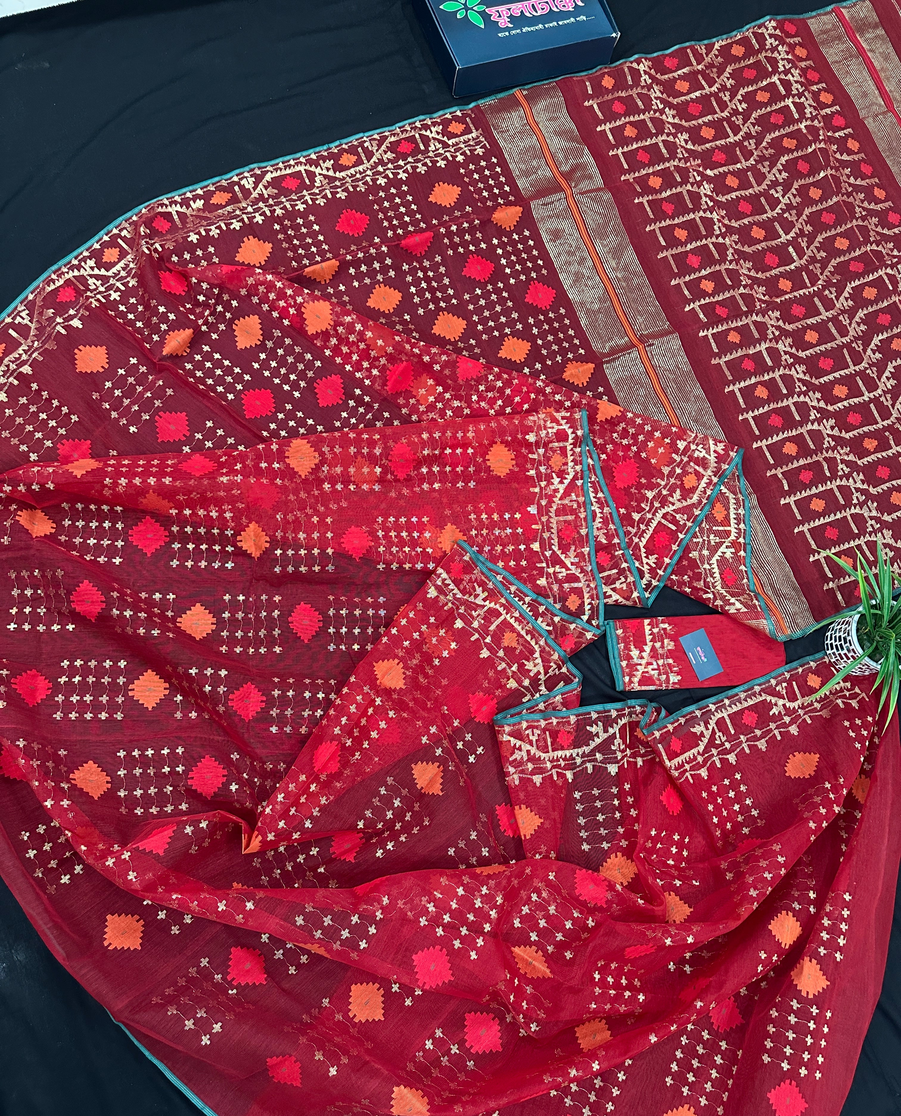 Bridal Red Halfsilk Jamdani Saree With Golden Jori Work & Red Threads work.