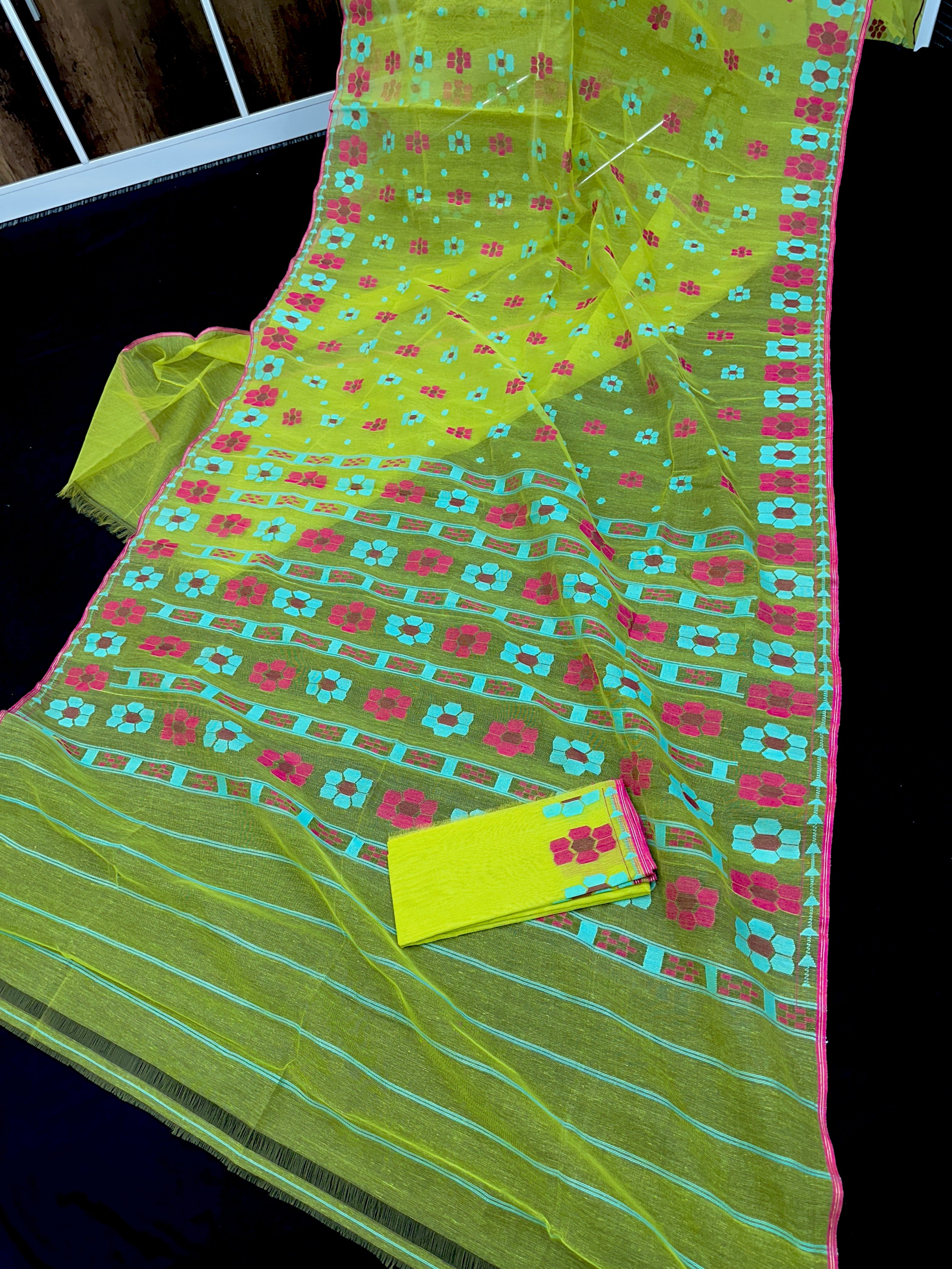 Bright Yellow jamdani saree With Multi Colour.