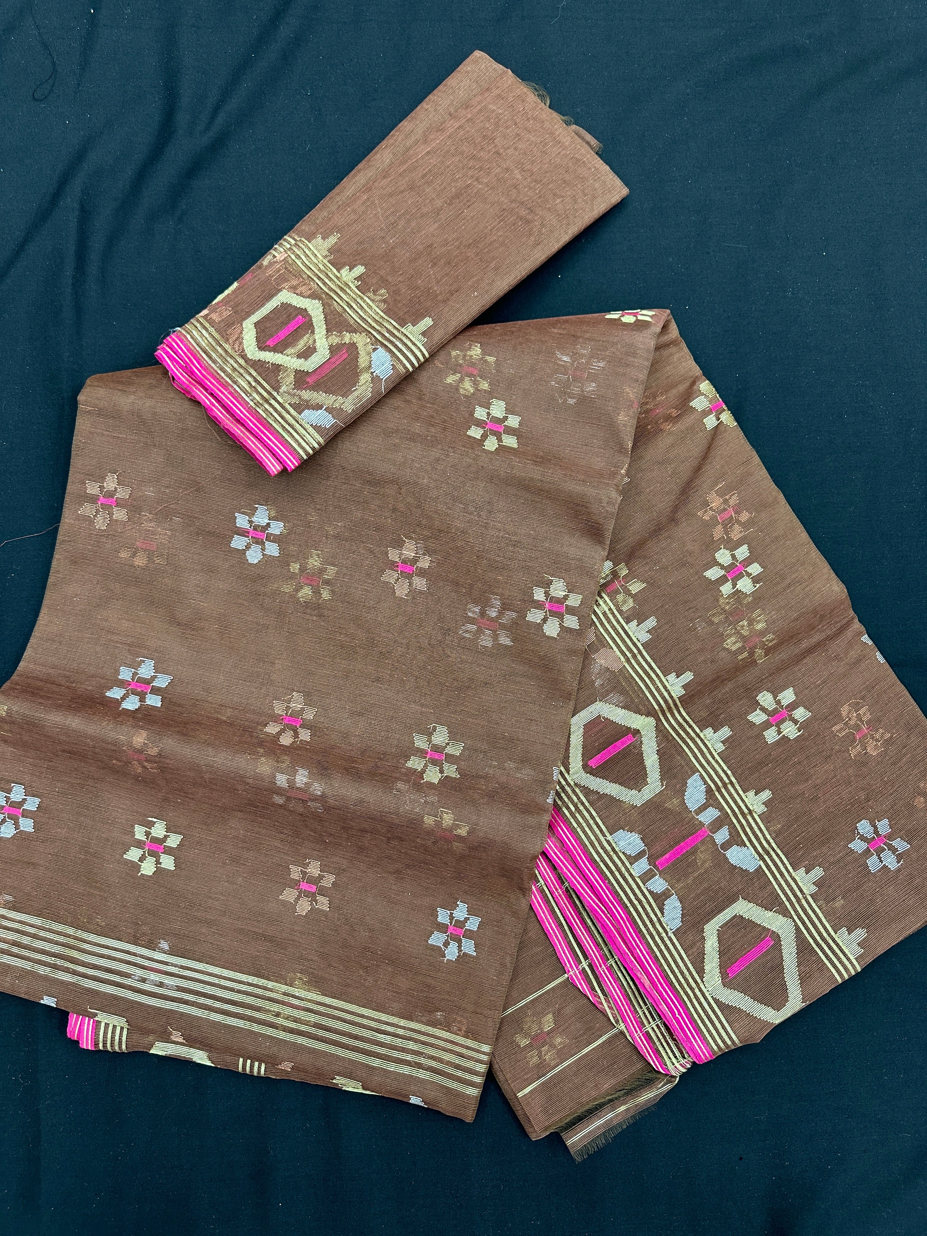Brown colour halfsilk jamdani saree with golden silver & copper jori work and pink meena work