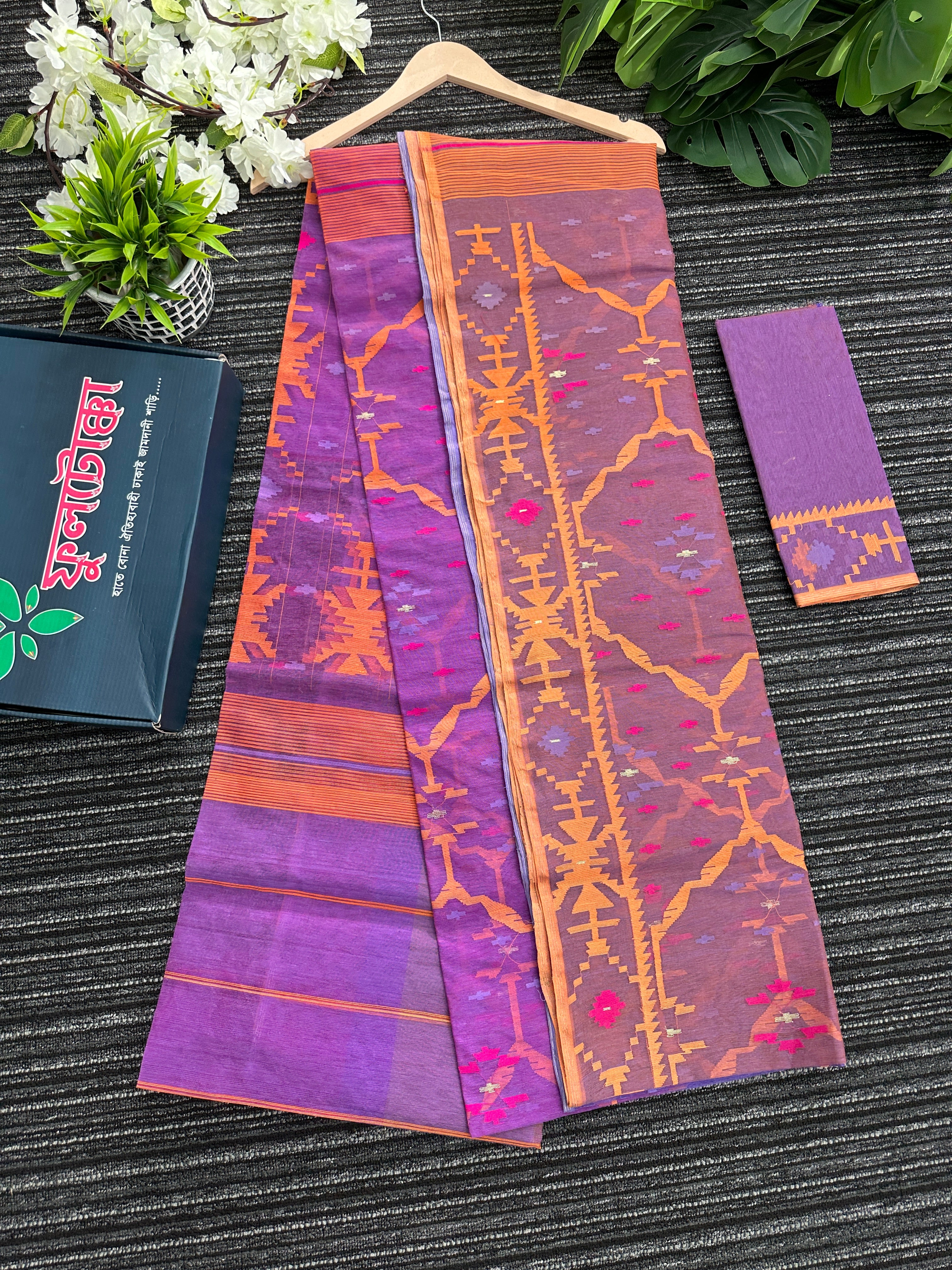 Tripple shaded dual toned halfsilk jamdani saree with orange pink purple threads work