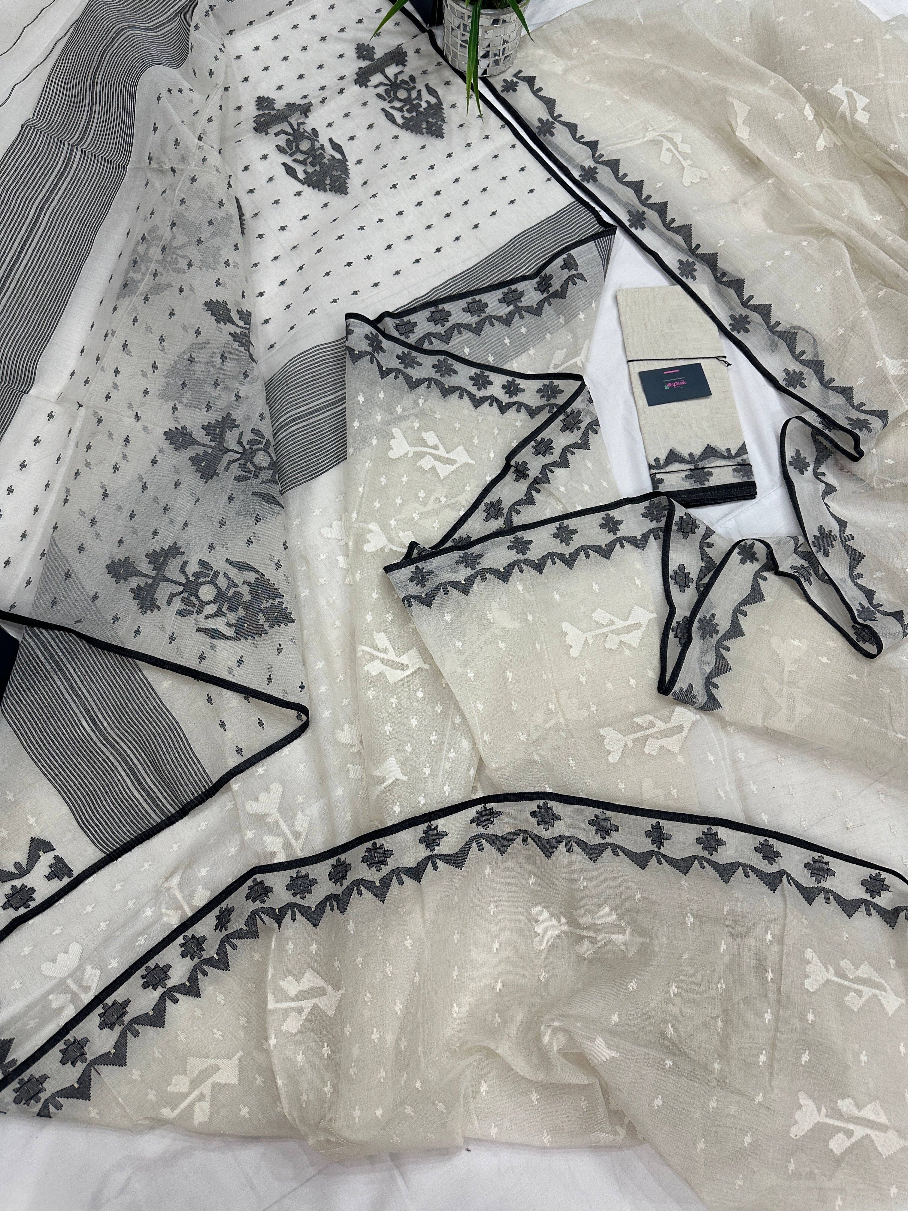 Black White Jamdani Saree With Black Threads & White Threads Work.