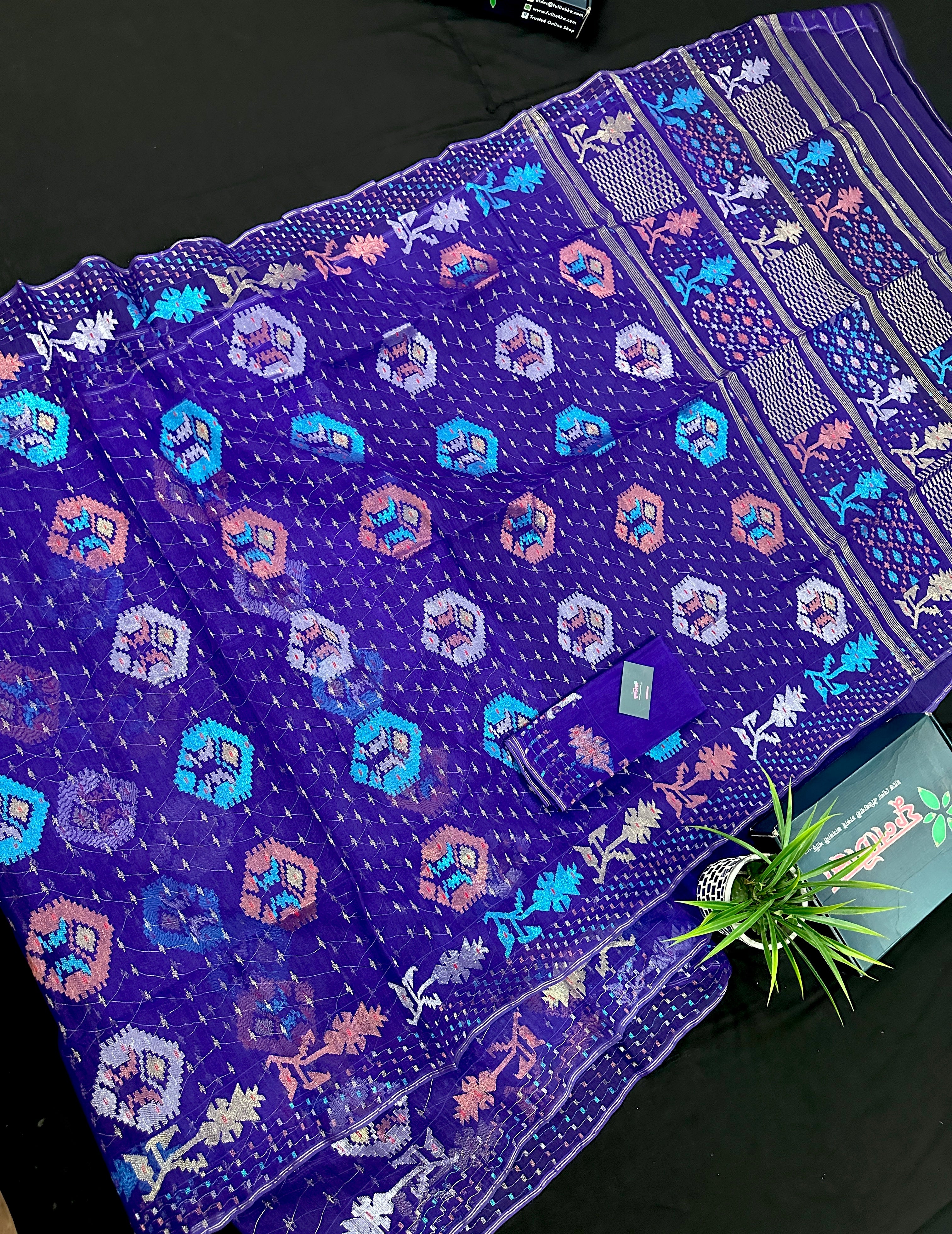 Dual Toned Purple Jamdani Saree With Golden Silver & Copper Jori Work.