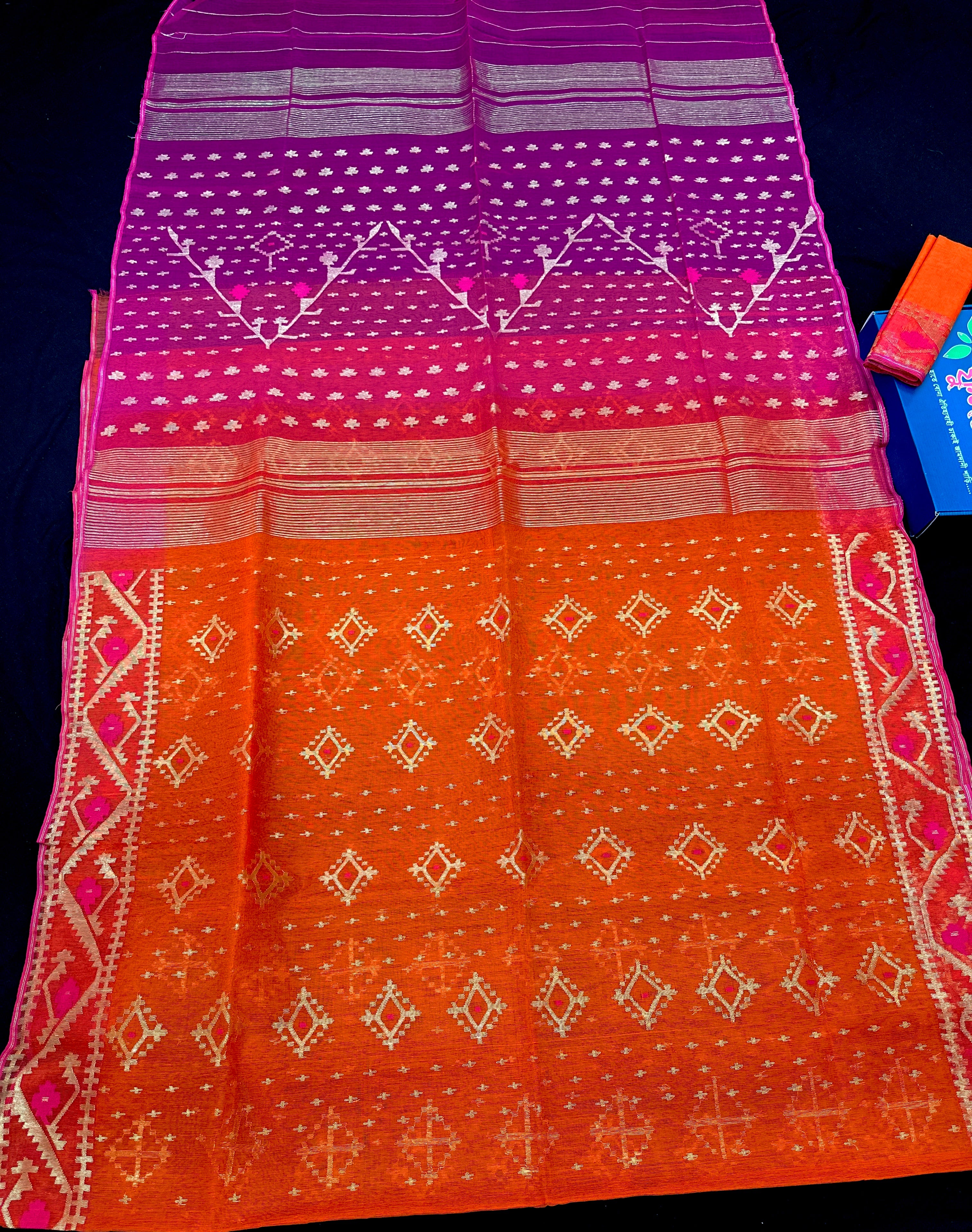 Jamdani Of Orange With Magenta Combination.