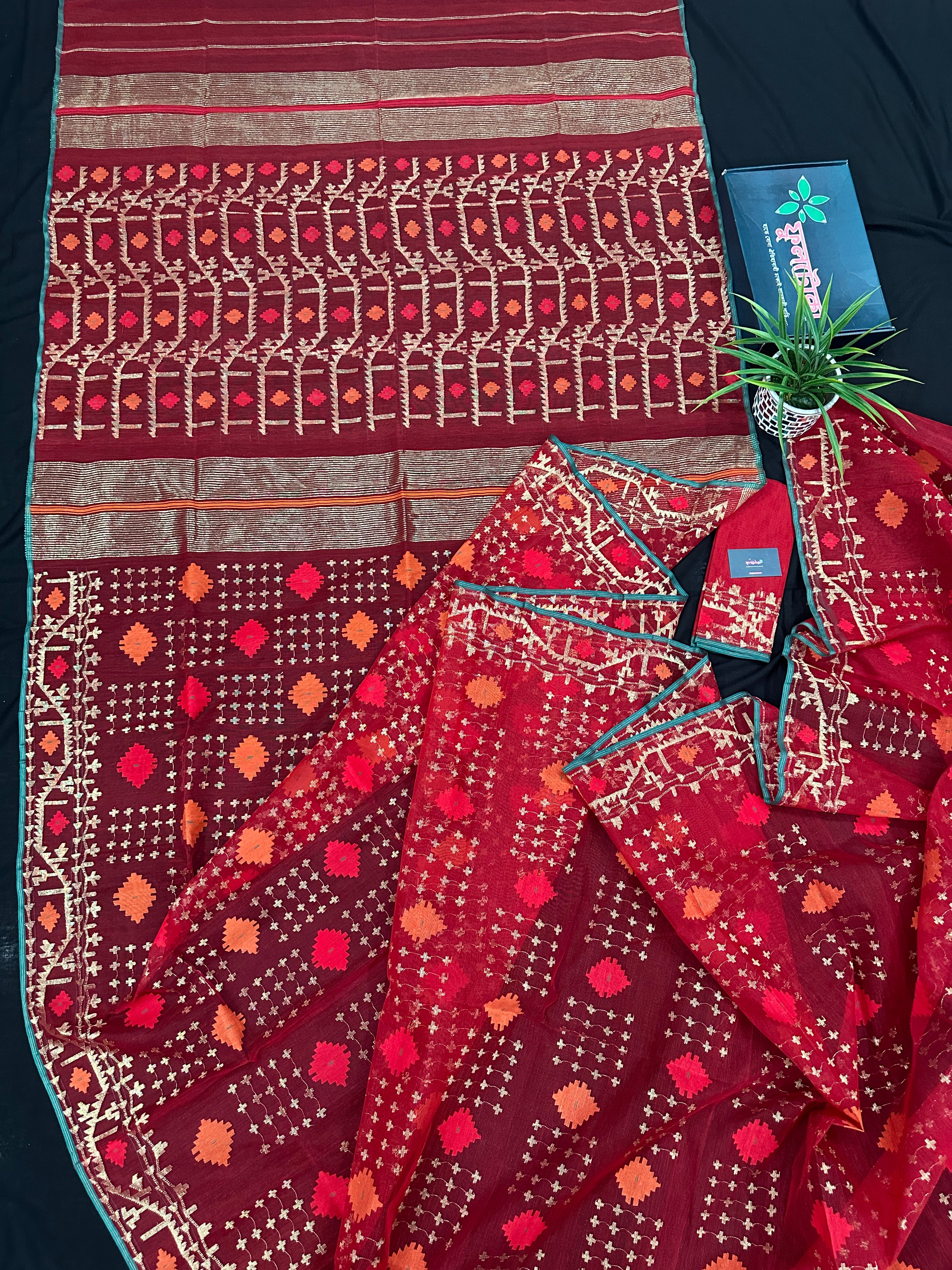 Bridal Red Halfsilk Jamdani Saree With Golden Jori Work & Red Threads work.