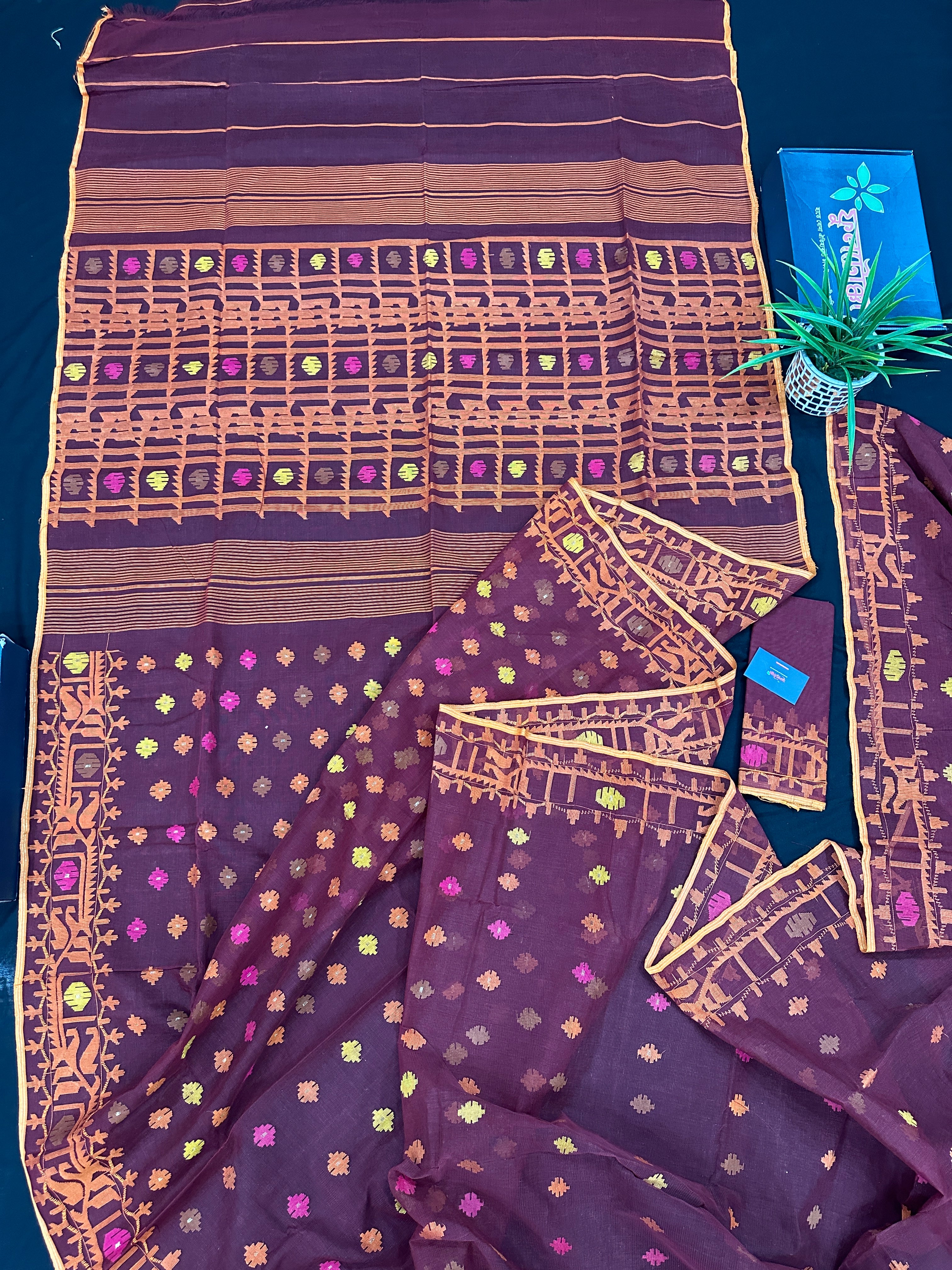 Bitrut colour cotton jamdani saree with yellow orange and pink threads work & blouse piece.