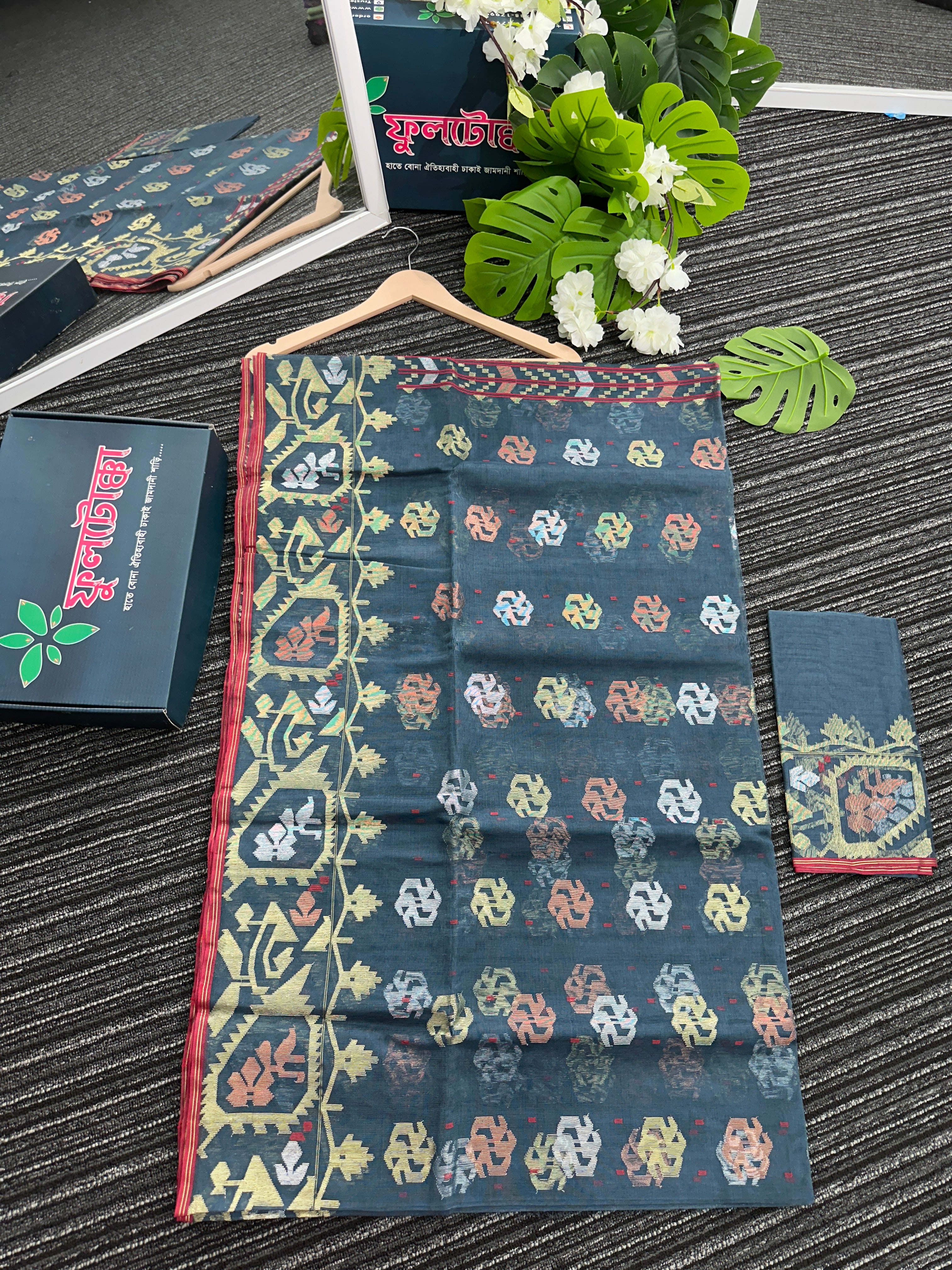 Ash blue exclusive halfsilk jamdani saree with golden silver & copper jori work