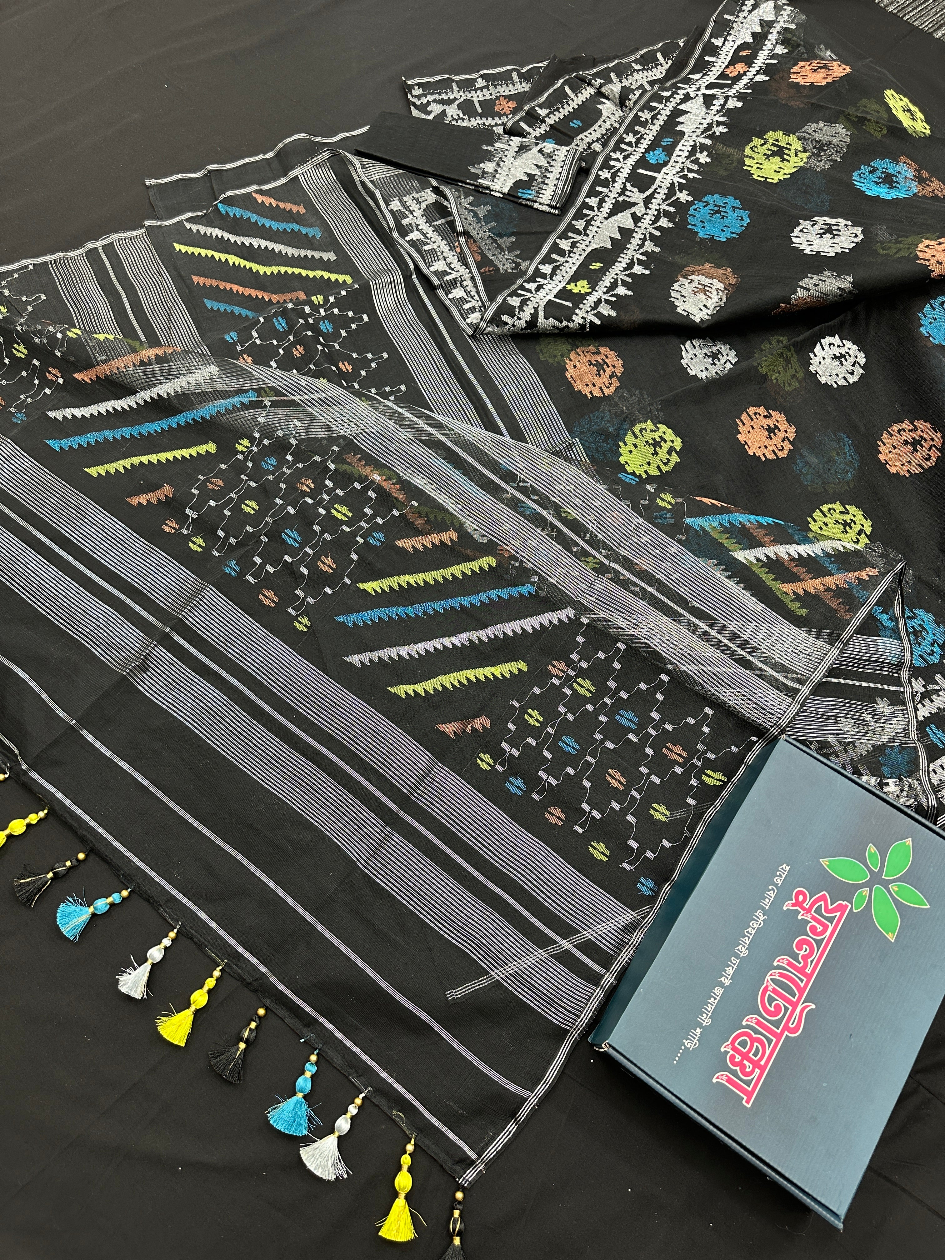 Pure black halfsilk jamdani saree with silver copper blue yellow jori work