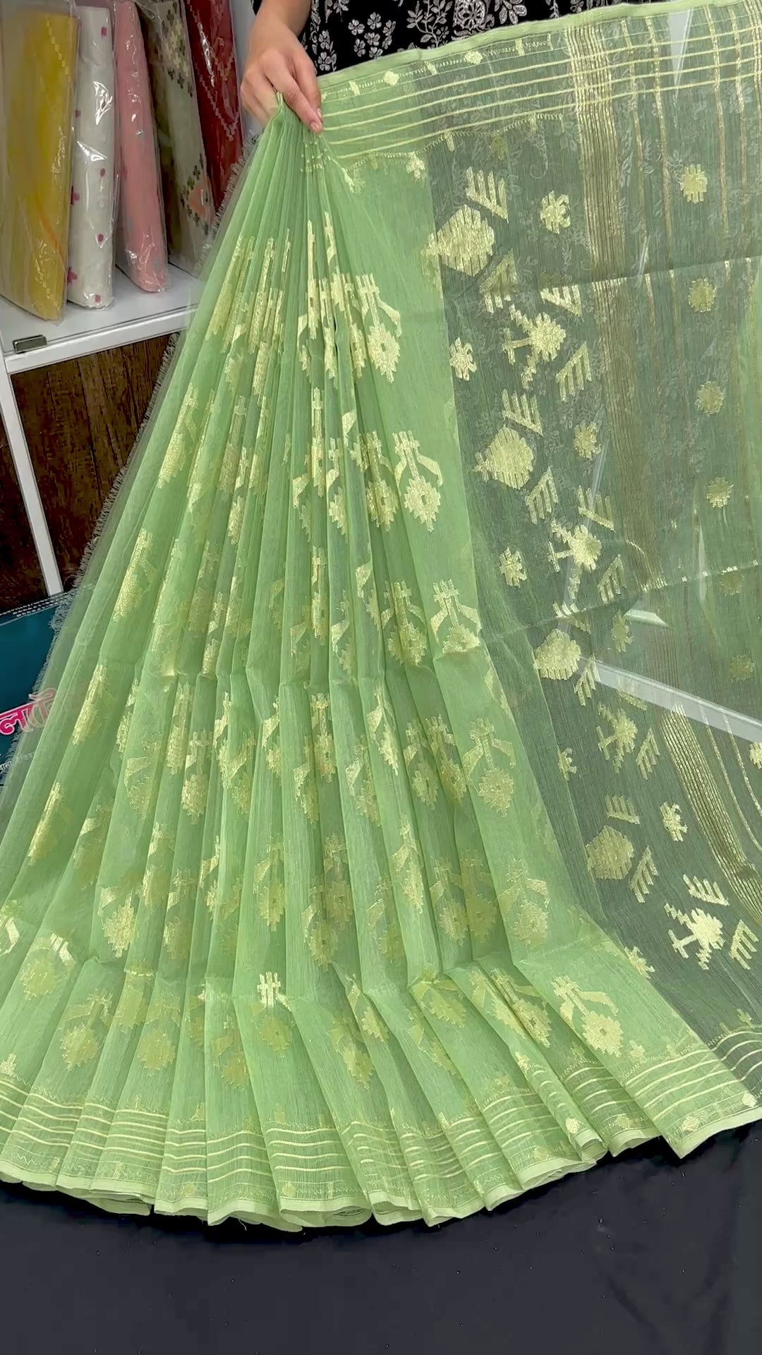Mint halfsilk jamdani saree with golden jori work and blouse piece