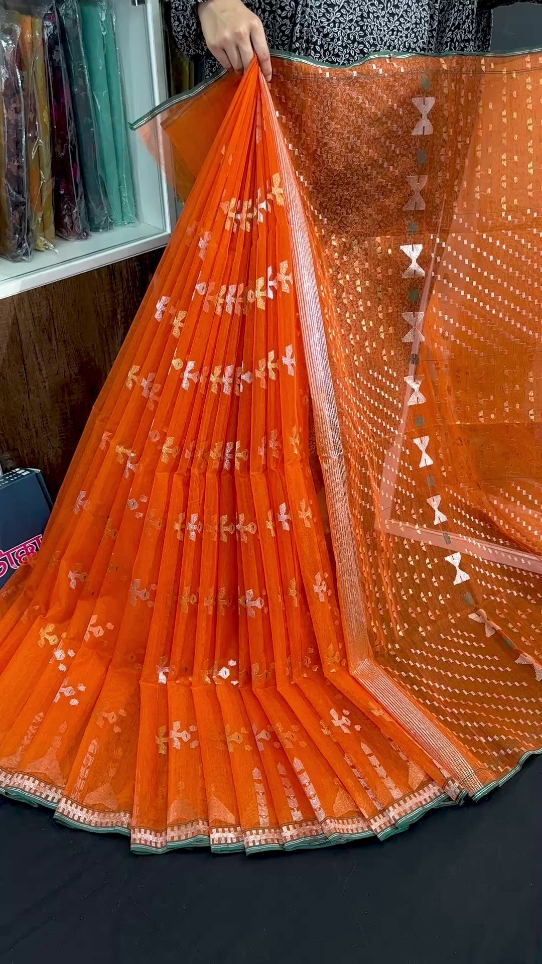 Fanta orange halfsilk jamdani saree with golden silver & copper jori work