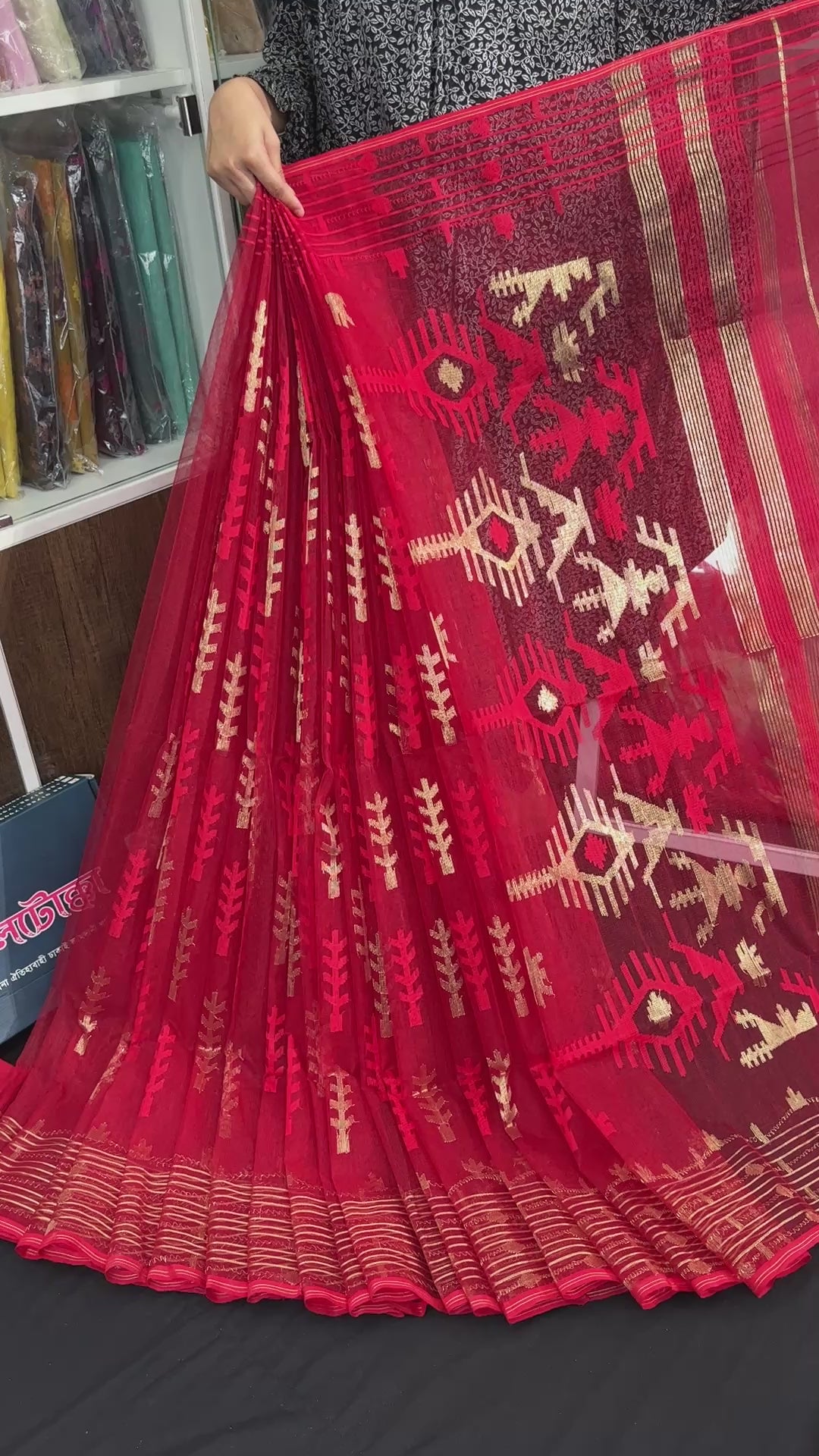 Red semi bridal halfsilk jamdani saree with golden jori work and red threads work