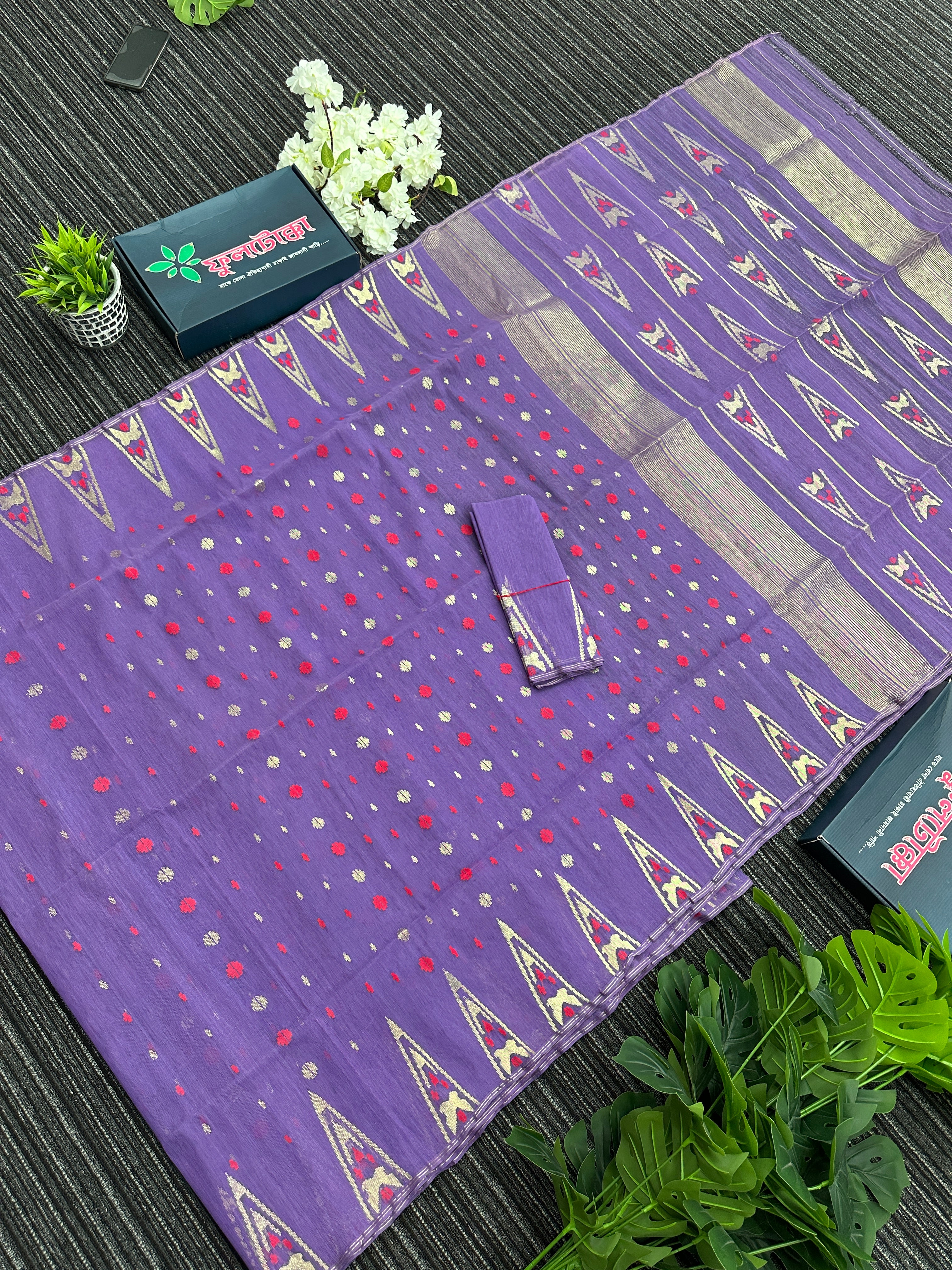 Purplish Lavendar halfsilk jamdani saree with golden jori work and pink meena work