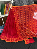 Red cotton jamdani saree with orange threads work