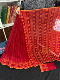 Red cotton jamdani saree with orange threads work