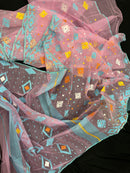 Pink jamdani saree with blue white yellow orange threads work and blouse piece.