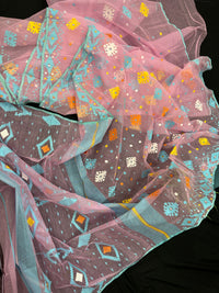 Pink jamdani saree with blue white yellow orange threads work and blouse piece.