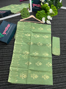 Mint halfsilk jamdani saree with golden jori work