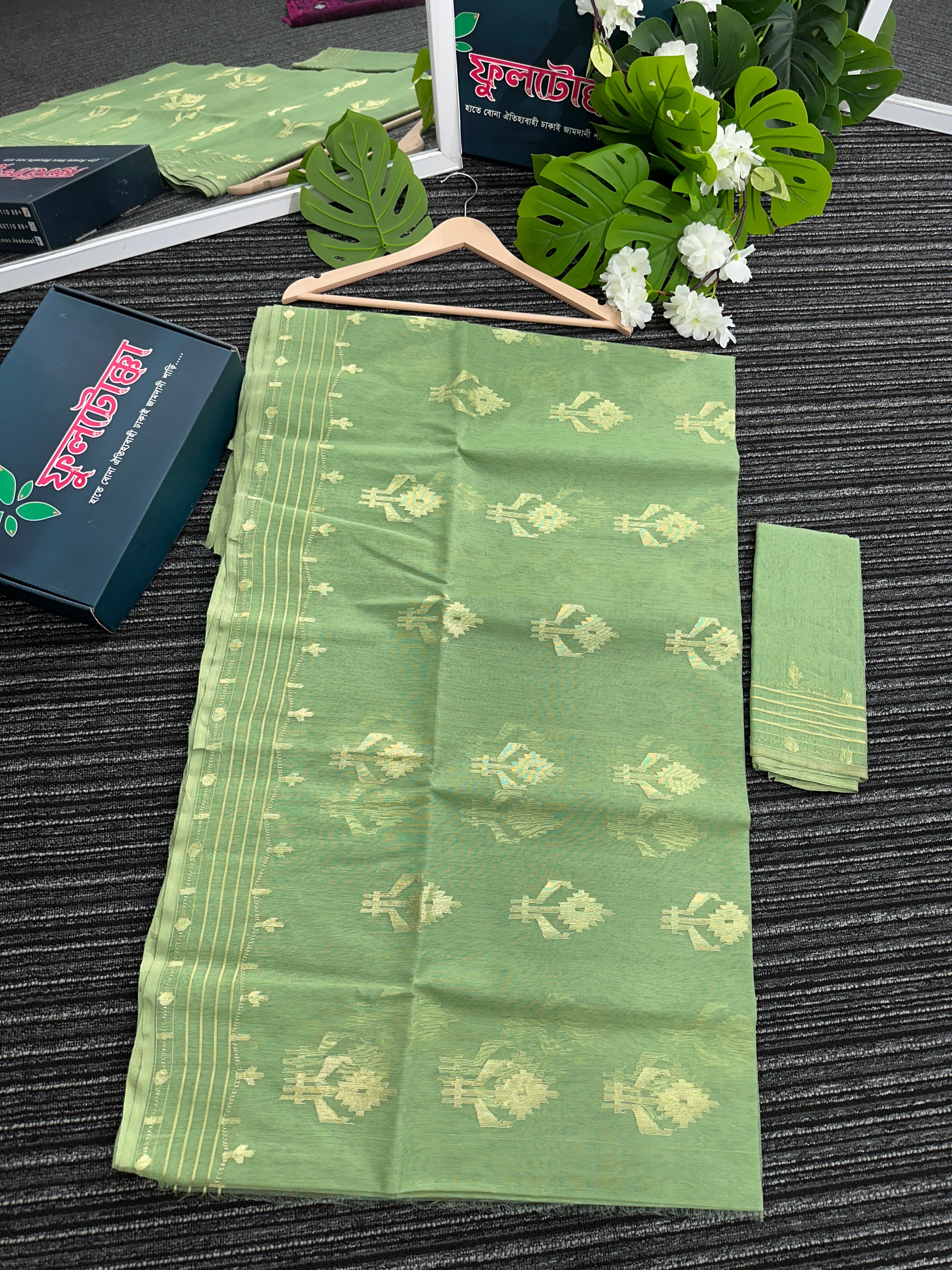 Mint halfsilk jamdani saree with golden jori work