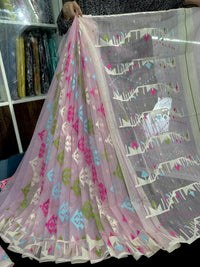 Baby pink halfsilk jamdani saree with blue magenta green off white threads work