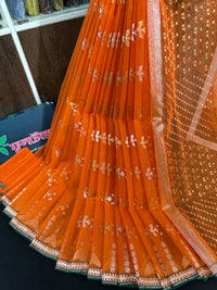 Fanta orange halfsilk jamdani saree with golden silver & copper jori work